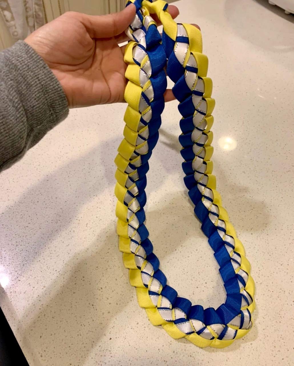 Royal Blue Yellow White Braided Ribbon Lei Necklace - Hawaiian Graduation Party Accessory - Perfect for Graduation Ceremonies, Luaus, and Festive Celebrations