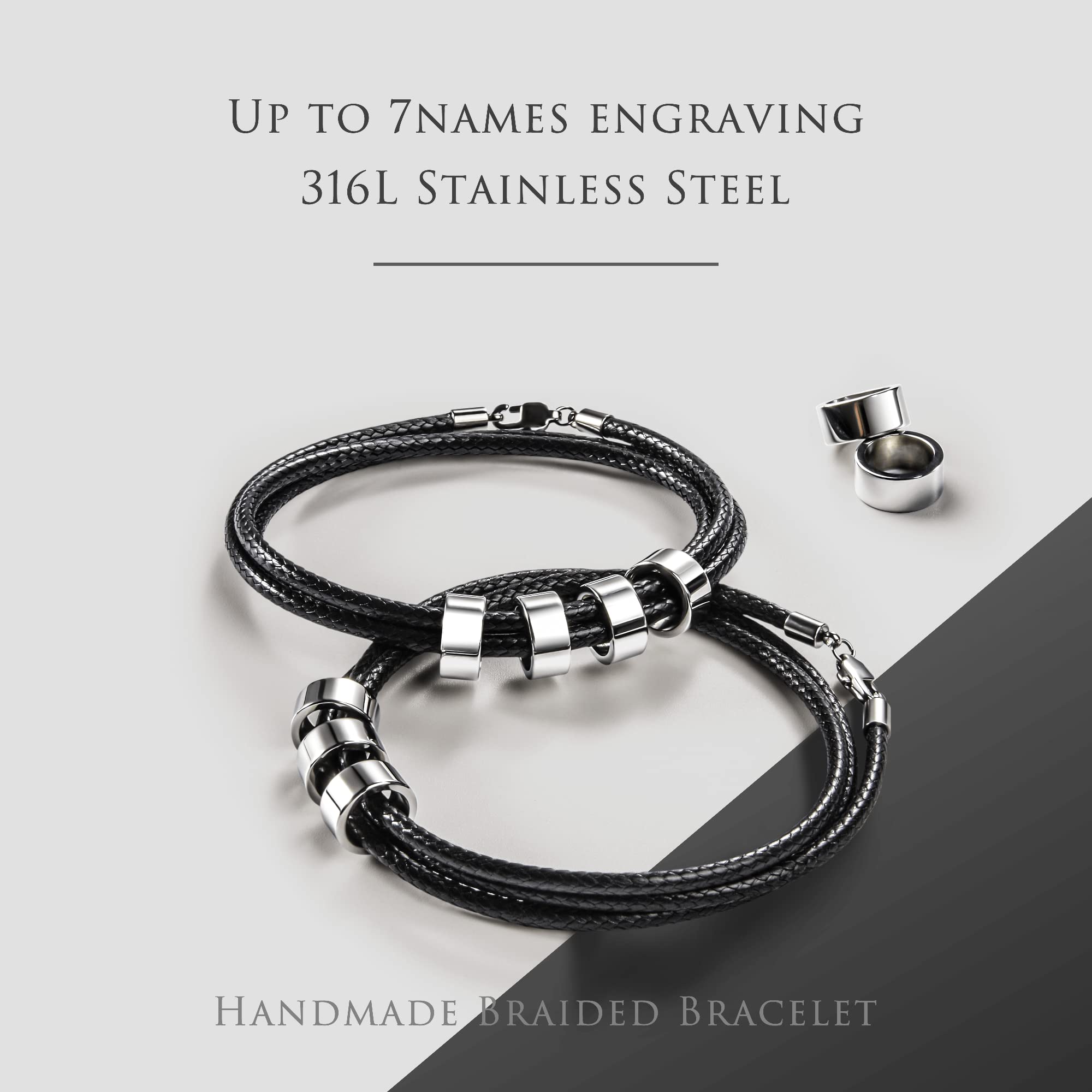 Custom Engraved Name Bracelets for Men - Personalized Braided Friendship Bracelet with 1-7 Name Beads - Unique Father's Day & Graduation Gifts for Him - Perfect for Anniversaries, Birthdays & Special Occasions