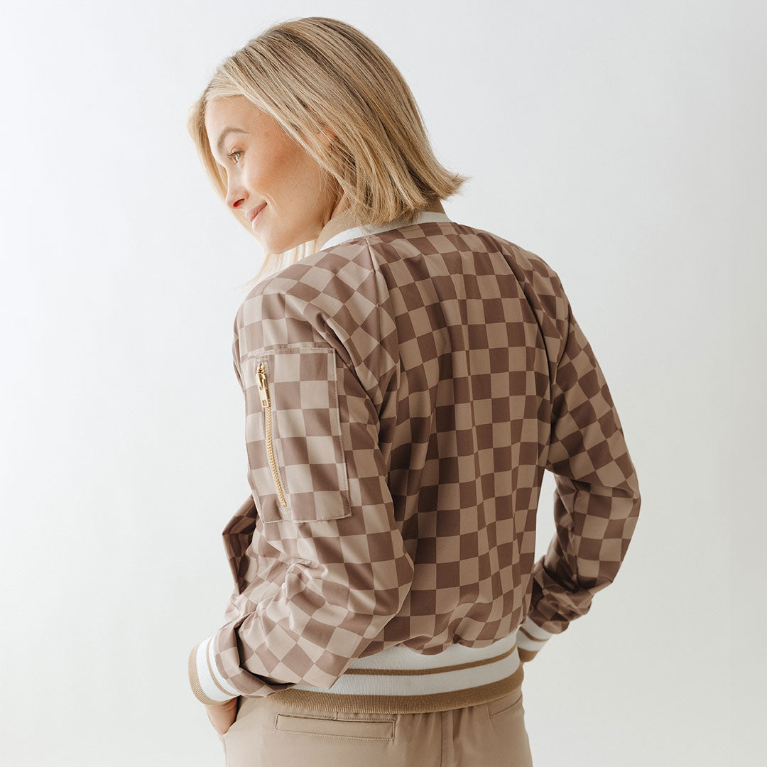 Stylish Brown Checkers Bomber Jacket for Men & Women | Vintage Inspired Lightweight Jacket for Casual Wear & Street Fashion
