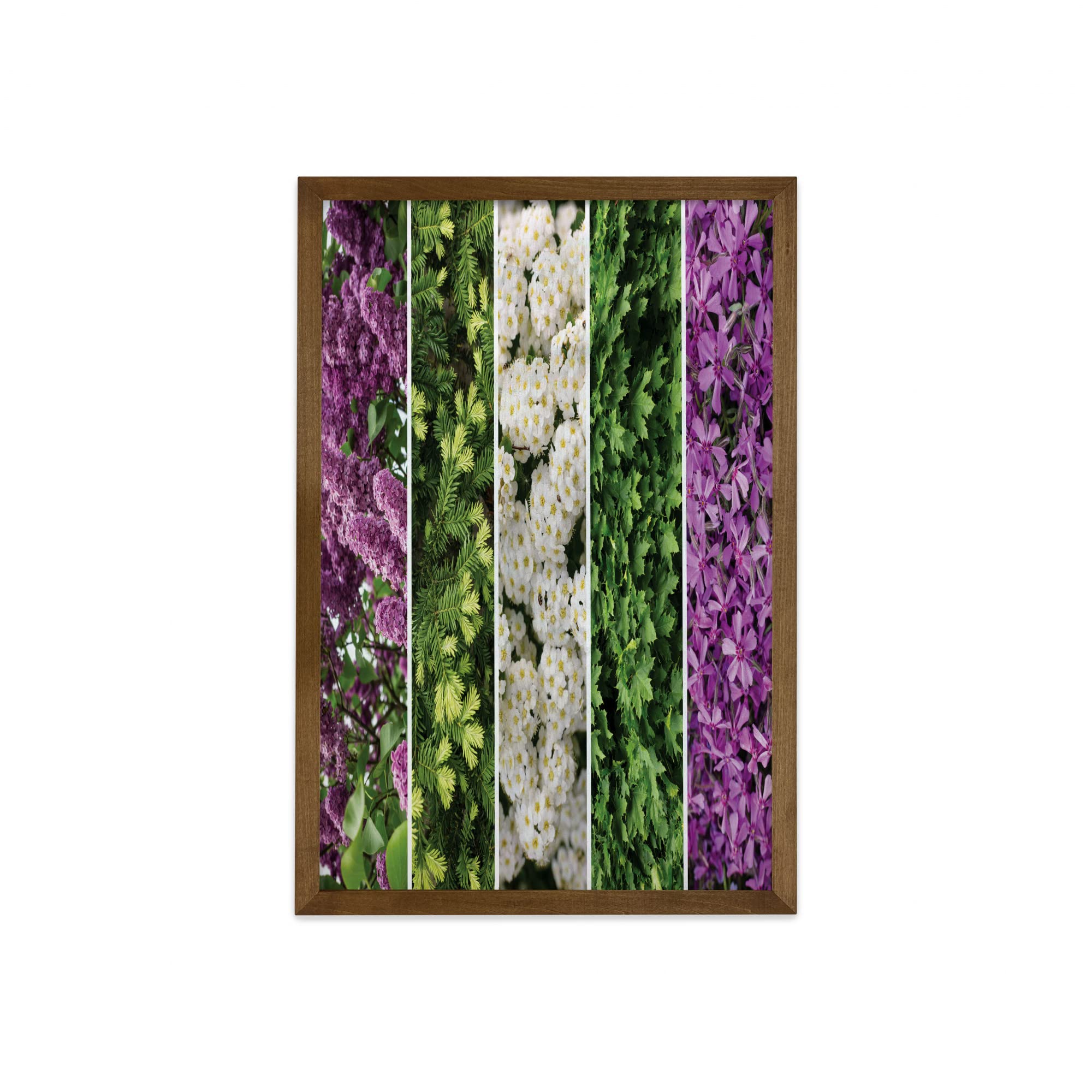 Ambesonne Floral Framed Wall Art - Diverse Herbs & Blooming Bouquet Collage, Romantic Wedding Decor, Green Violet Fabric Print with Teak Wood Frame, 23x35 Inches - Perfect for Home, Dorm, Bedroom & Living Room Decor