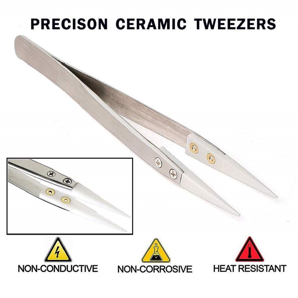 XRED Professional Ceramic Tweezers - Anti-Static Stainless Steel Precision Tweezers for Electronics, Non-Conductive & Heat Resistant (3000°F) - Ideal for PCB Repair, Jewelry Making, and Lab Use (Black)