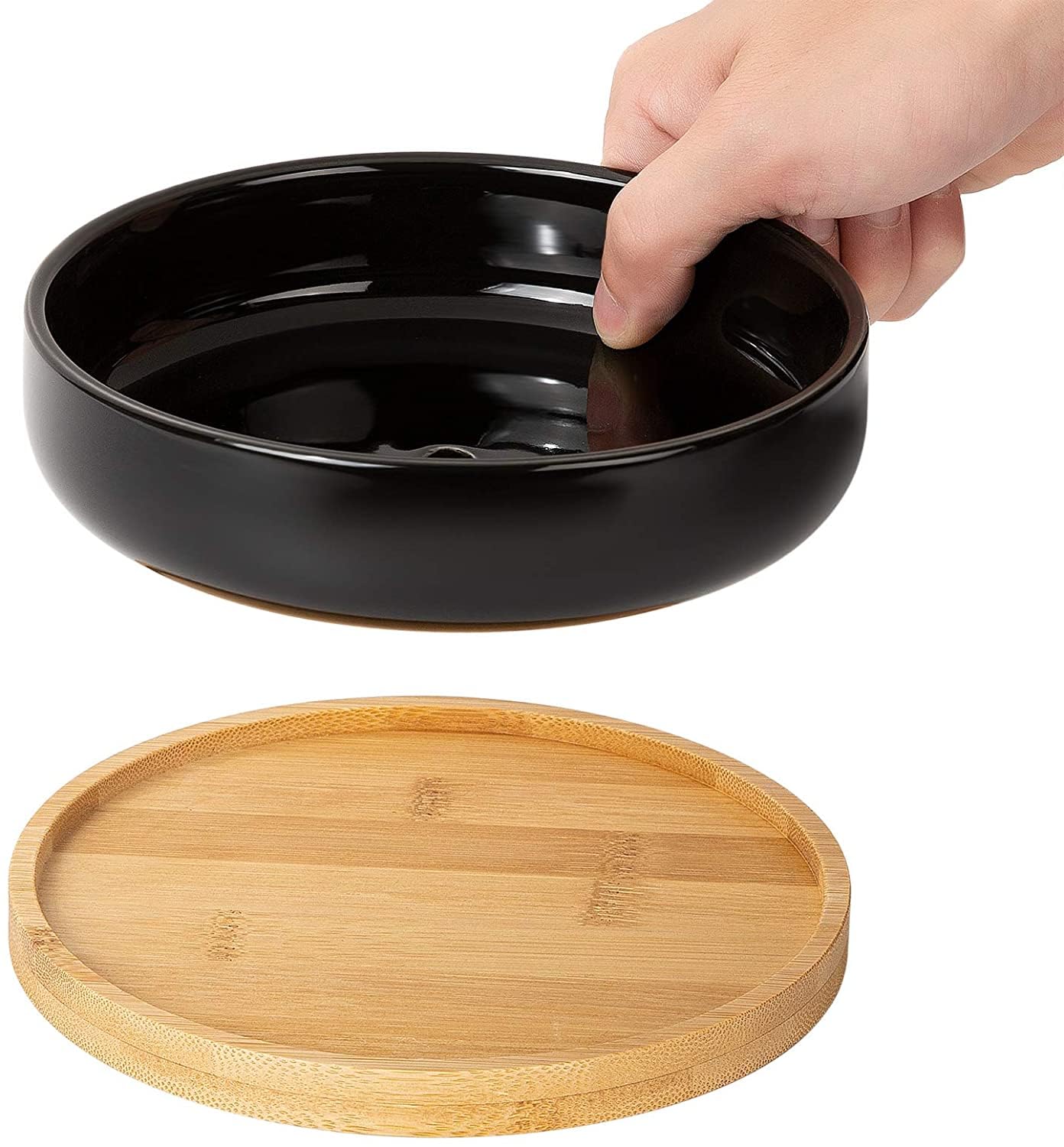 2 Pack 6 Inch Black Ceramic Succulent Plant Pots with Bamboo Tray & Drainage Hole - Indoor Flower Planters for Home, Office, Garden Decor | Perfect for Cactus, Aloe Vera & Small Houseplants