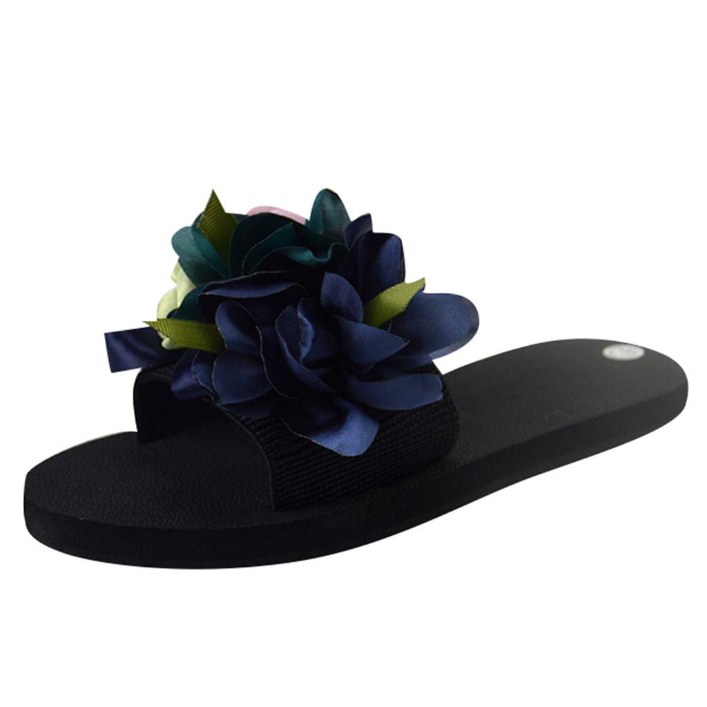 Non-Slip Summer Beach Sandals for Women - Bohemian Flower Flat Sandals with Fuzzy Slipper Socks (Blue, Size 6) | Perfect for Beach Vacations, Poolside Lounging & Casual Outings