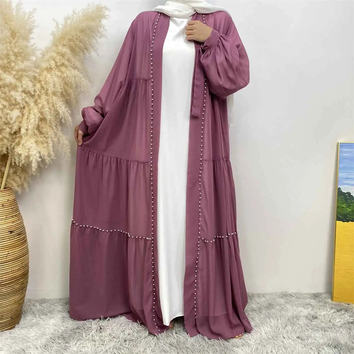 Elegant Muslim Women's Chiffon Beaded Open Abaya Dress - Modest Islamic Prayer Dress for Mosque, Eid & Special Occasions