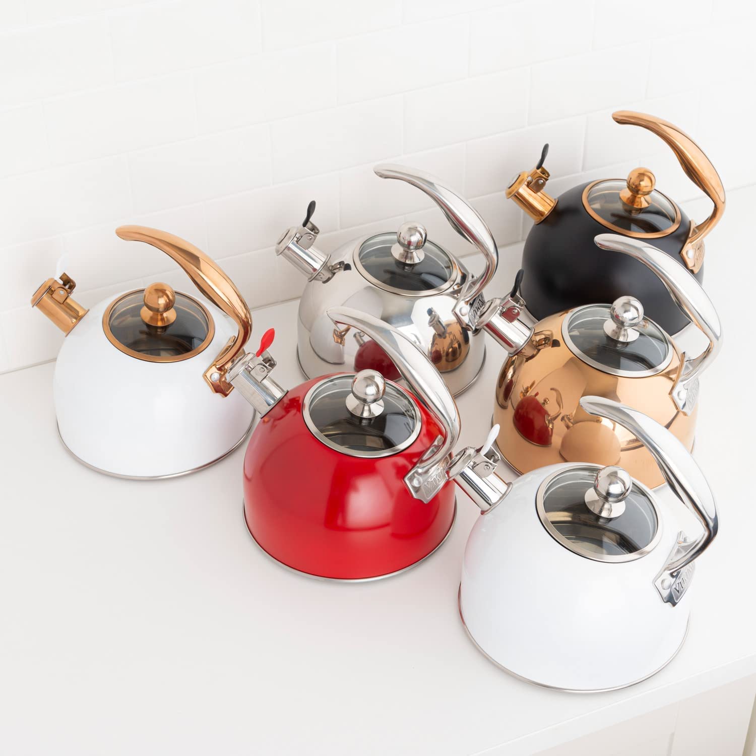 Premium Viking 3-Ply Stainless Steel Whistling Tea Kettle - 2.6 Quart Stovetop Hot Water Pot with Tempered Glass Lid & Ergonomic Handle - Induction Compatible Rose Gold - Perfect for Tea Brewing, Coffee Making & Kitchen Decor