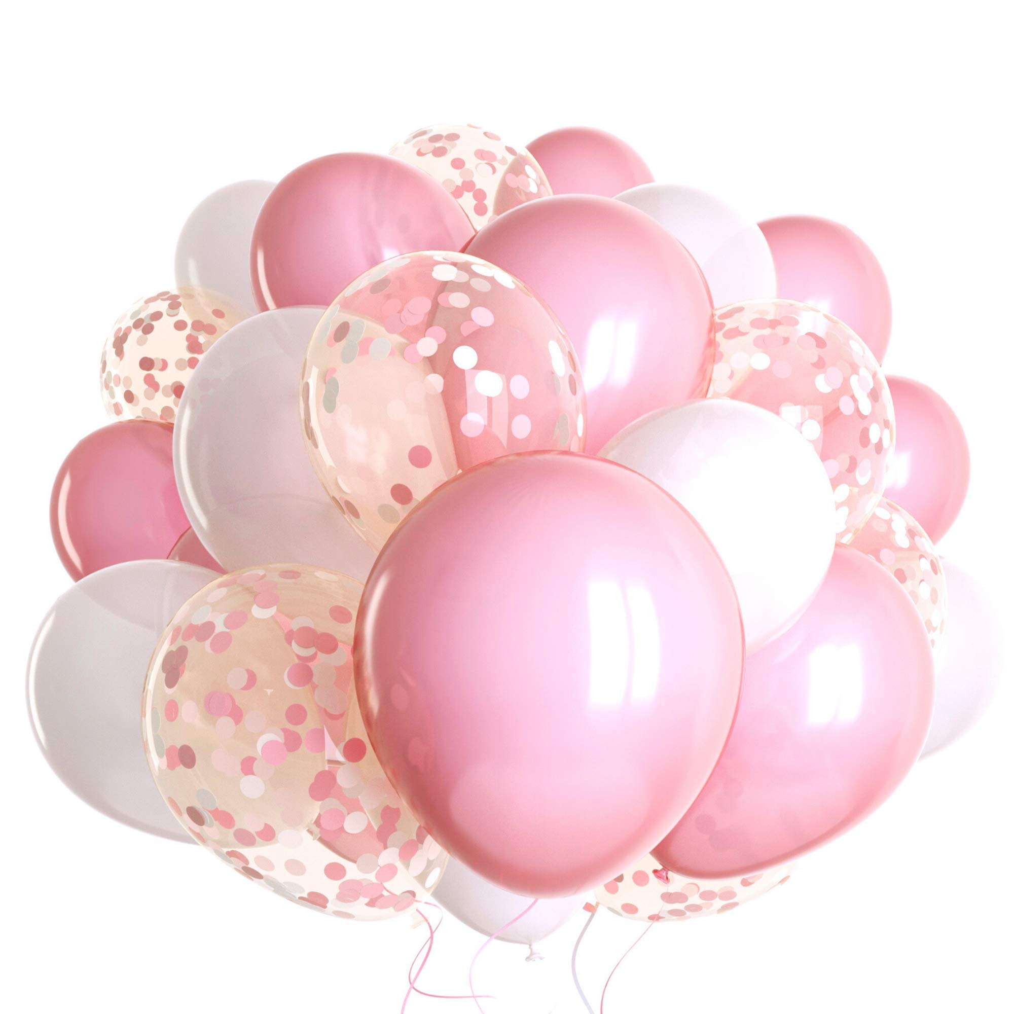 Dandy Decor 60 Pack Pink Latex Balloons with Pink Confetti & White Ribbon - Bulk Party Decorations for Birthdays, Weddings & Baby Showers