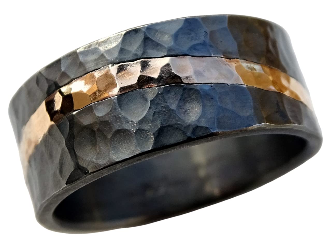 Forged Men's Viking Ring - Black Gold Wedding Band, Rustic Gold Wave Inlay, Perfect for Beach Weddings, Engagements, and Everyday Wear