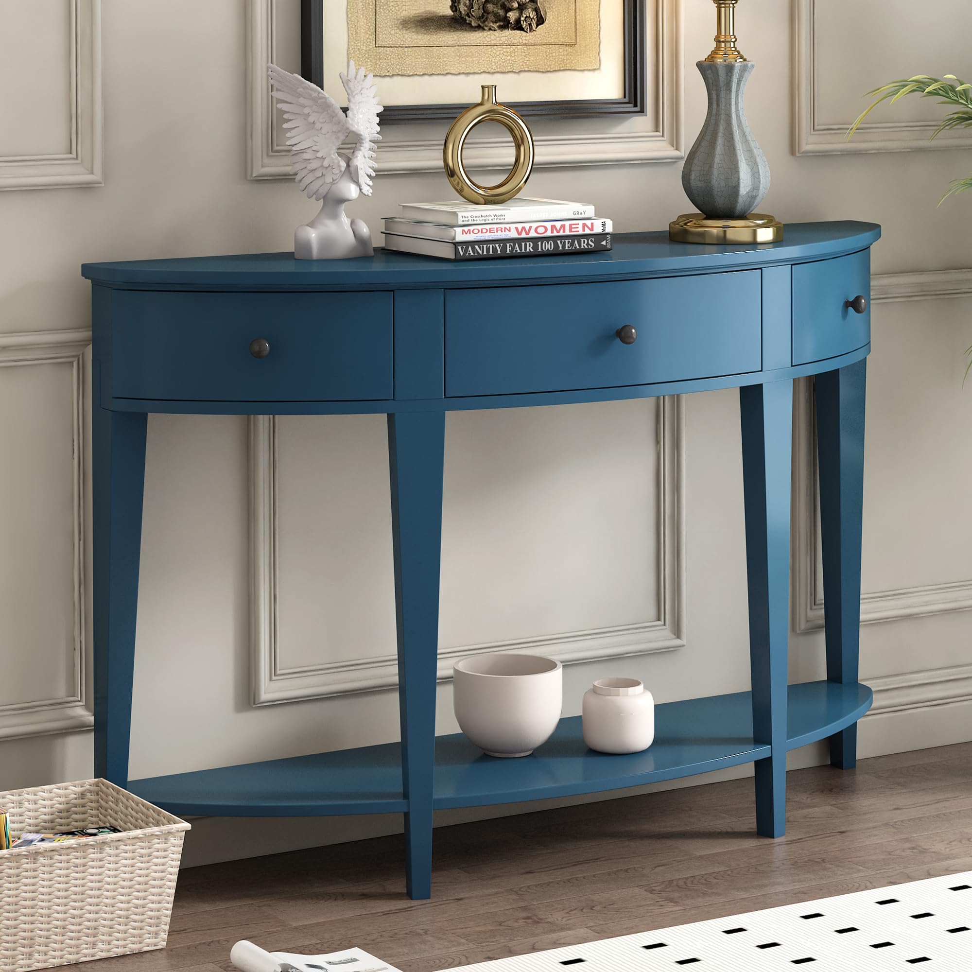 PURLOVE Modern Curved Console Table with Drawer - Solid Wood Entryway Table with Open Shelf for Hallway, Living Room & Foyer - Navy Blue Home Decor for Small Spaces & Apartment Entryways