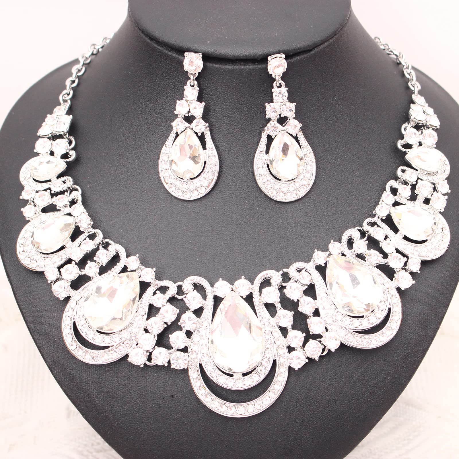 Elegant Rhinestone Crystal Teardrop Statement Necklace & Dangle Earrings Set for Women | Fashion Costume Jewelry Gift | Perfect for Parties, Weddings & Special Occasions