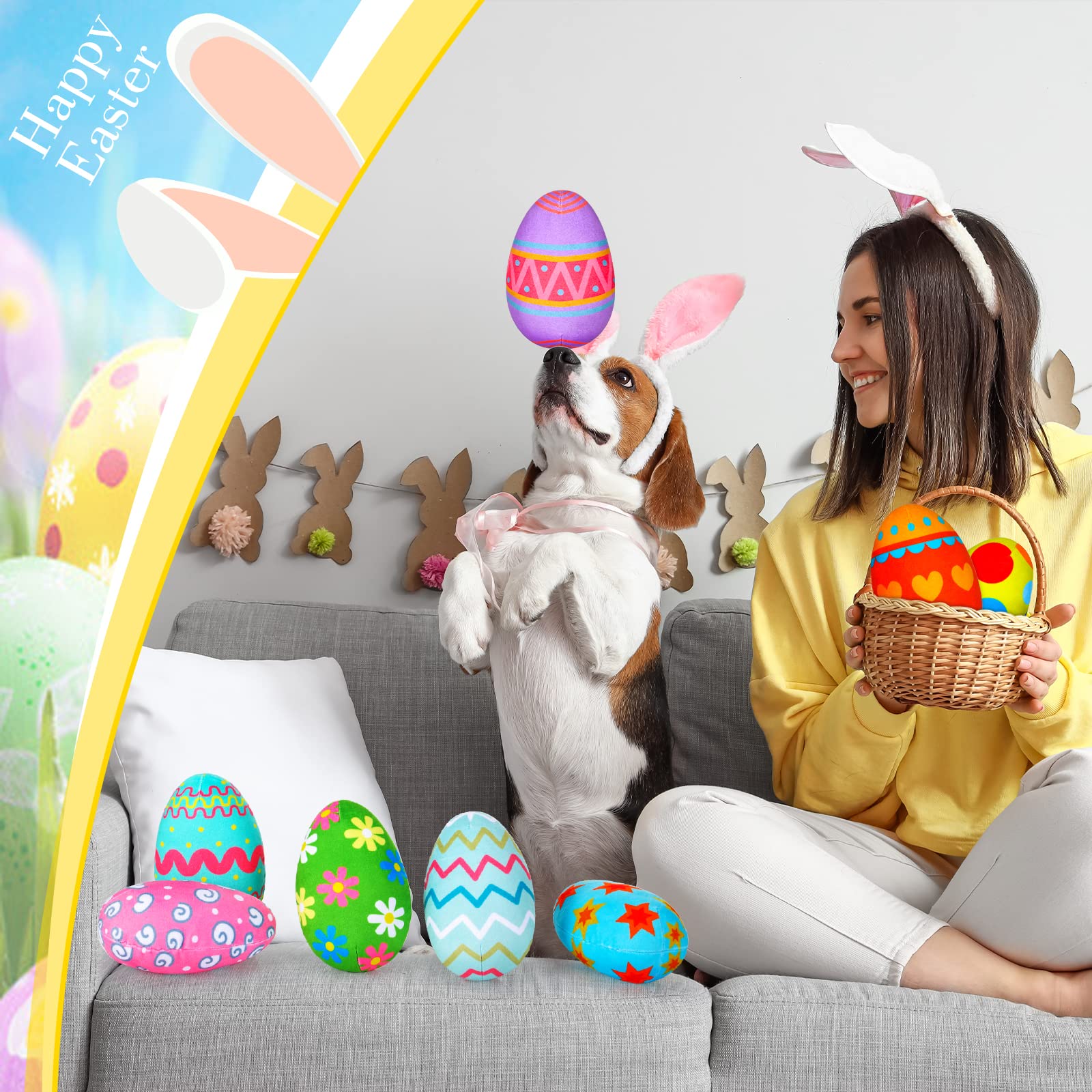 8 Pack Squeaky Easter Egg Dog Toys - Plush Interactive Chew Toys with Squeakers for Small & Medium Dogs - Durable Puppy Playtime Gift for Easter, Training & Indoor/Outdoor Fun