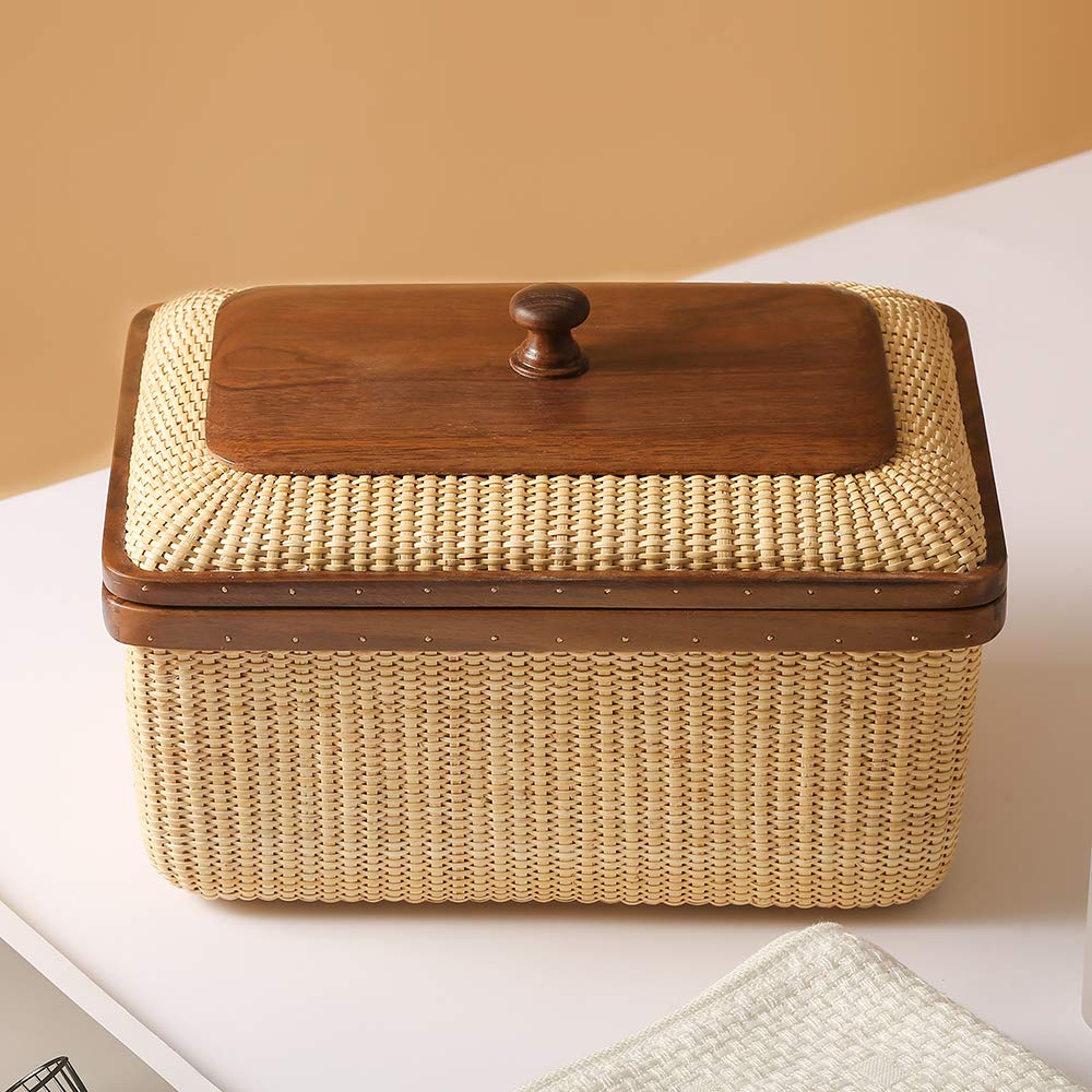 Multifunctional Woven Storage Basket Box with Lid - Cane-on-Cane Weave Organizer for Home, Office & Nursery | Rectangular Storage Baskets for Toys, Blankets & Clothes