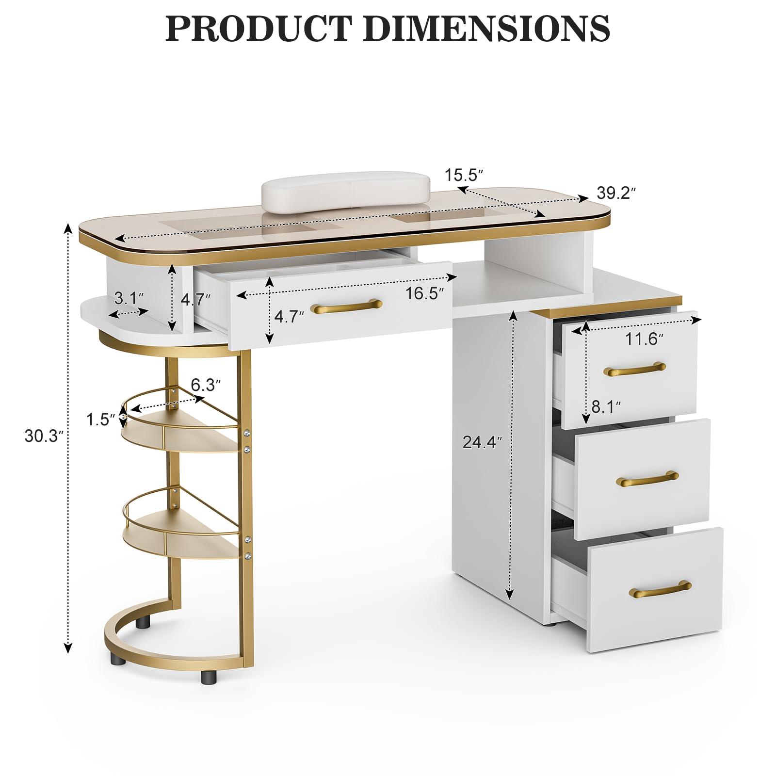 Premium Paddie Manicure Table for Nail Technicians - Acetone-Resistant Glass Top Nail Desk with 4 Drawers & 2-Tier Storage Shelves - Salon Beauty Workstation with Wrist Cushion & Golden Handles (White) - Perfect for Nail Salons, Home Studios & Professional Nail Art Services
