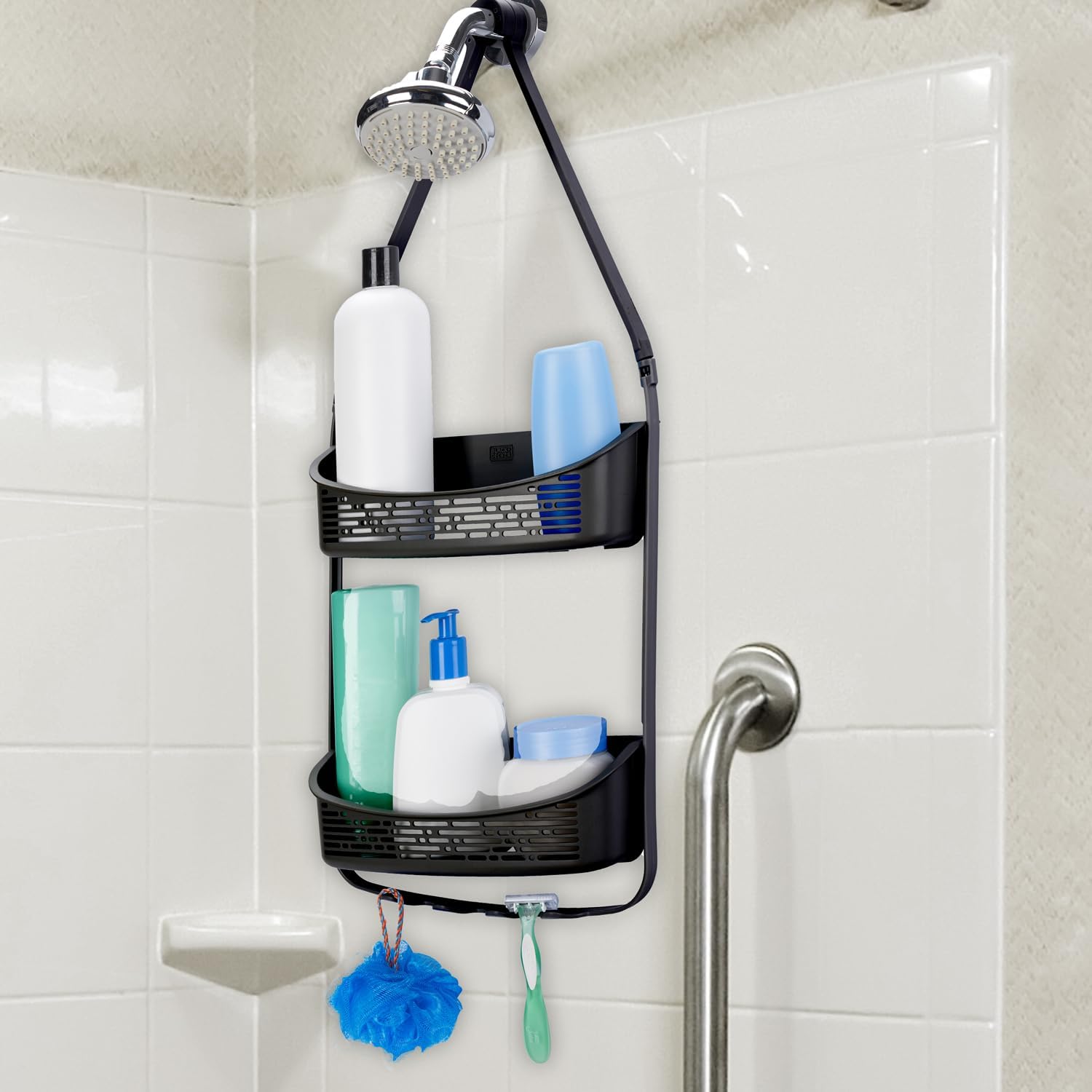 BLACK+DECKER 2-Way Convertible Hanging Shower Caddy with Anti-Swing Design - Adjustable Arm Over The Door Organizer with Loofah & Razor Hooks - Perfect for Storing Large & Small Bottles, Toiletries & Bath Accessories - Ideal for Bathroom Organization & Space Saving