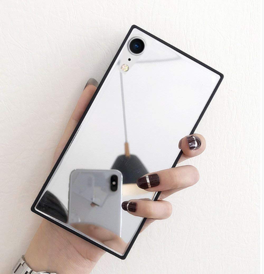 LMING Luxury Square Glass Glossy Mirror Shockproof iPhone XR Case - Smooth Hard Protective Cover for iPhone XR 6.1 Inch - Perfect for Selfies, Makeup Touch-ups & Everyday Protection