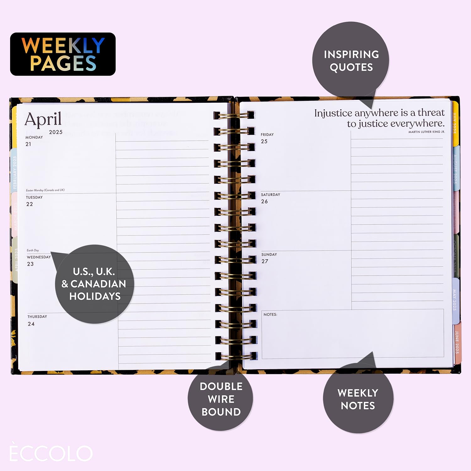 2025 Eccolo Spiral Agenda Planner - Cheetah Print Weekly & Monthly Calendar with Sticker Sheets & Inspirational Quotes (7.75