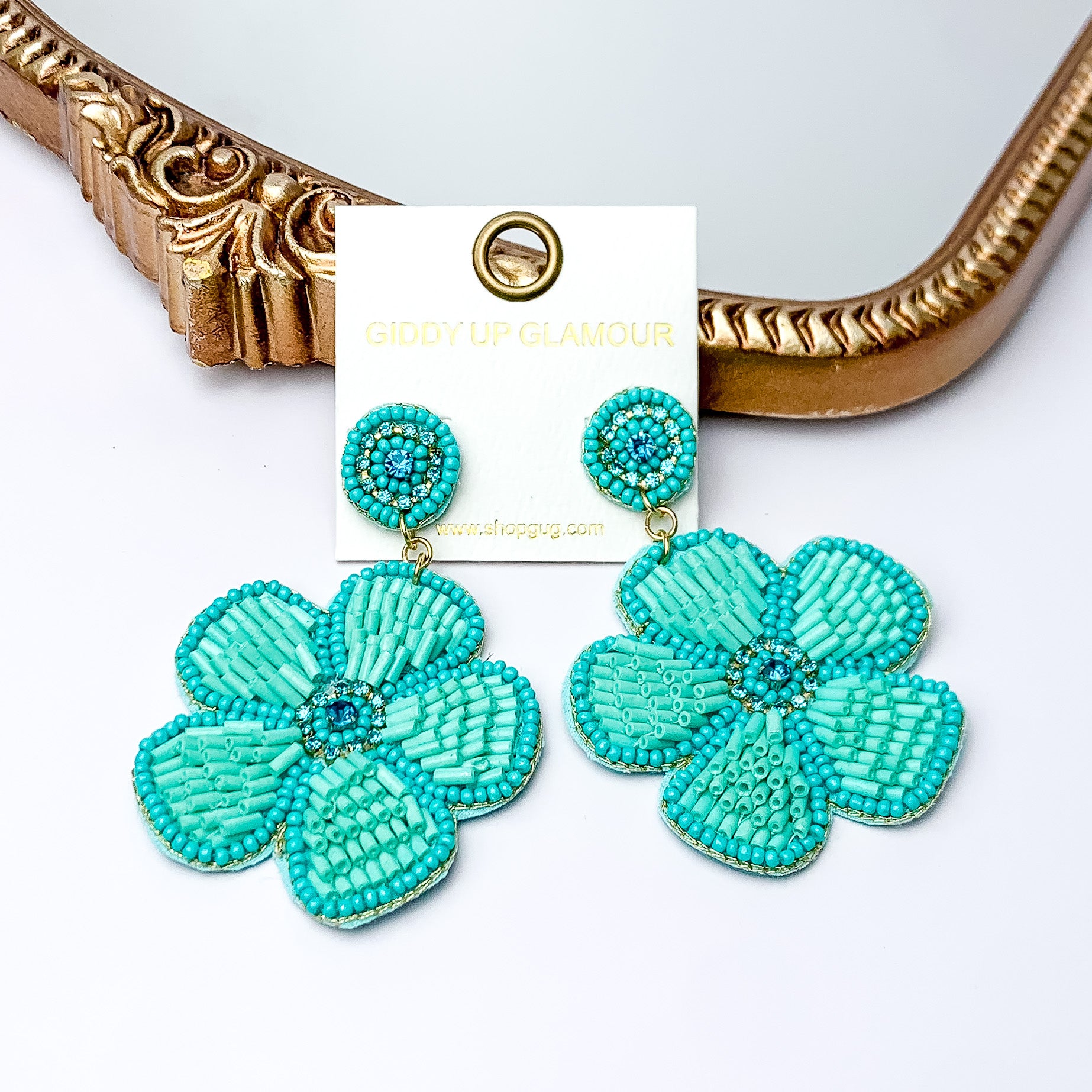Turquoise Beaded Flower Earrings with Crystal Stones – Elegant Boho Jewelry for Women, Perfect for Weddings, Parties & Everyday Wear