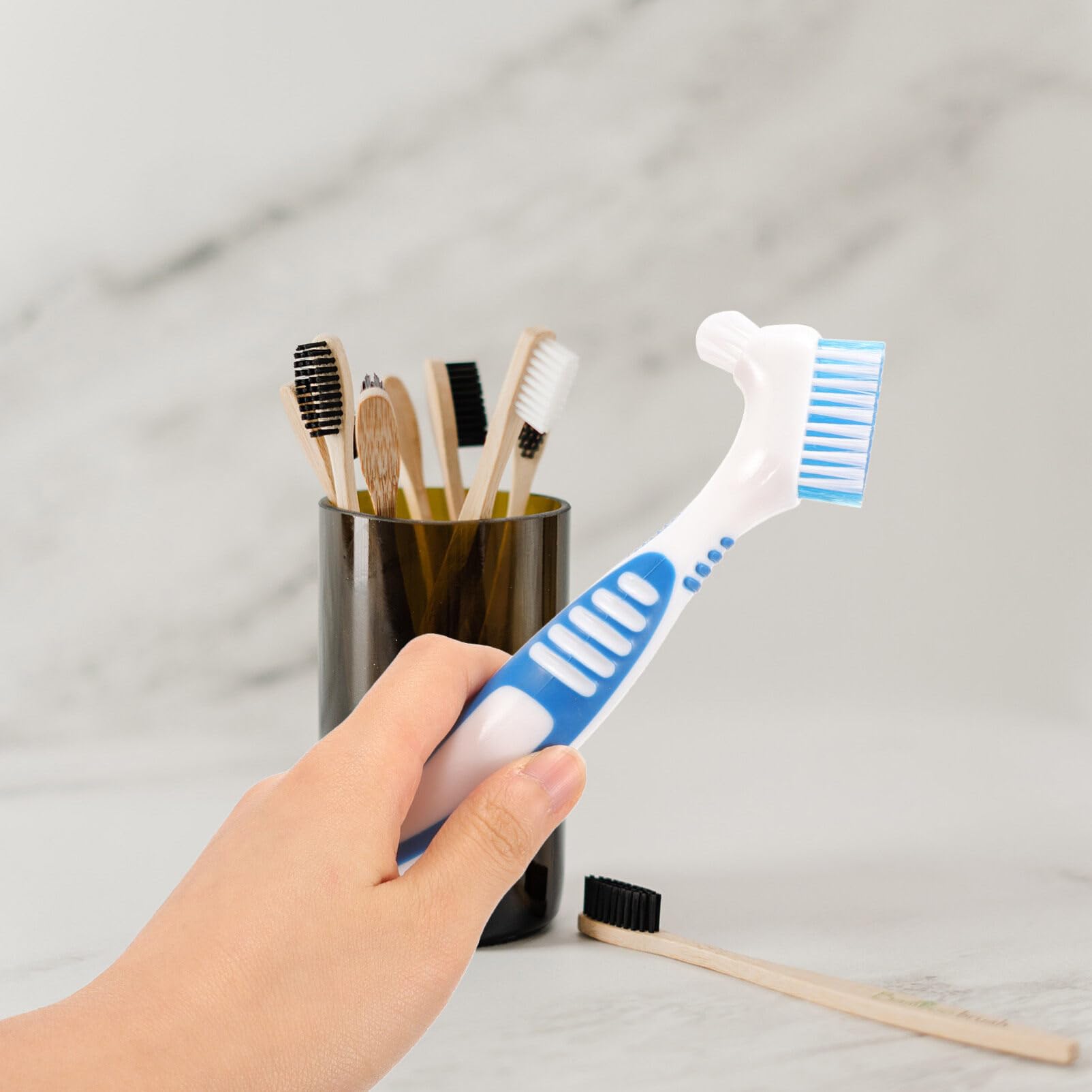 Premium Denture Toothbrush Set - 2 Pack with Dual Bristle Heads & Protective Case | Ergonomic Handle for Deep Denture Cleaning | Perfect for Denture Care, Travel, and Daily Oral Hygiene Maintenance