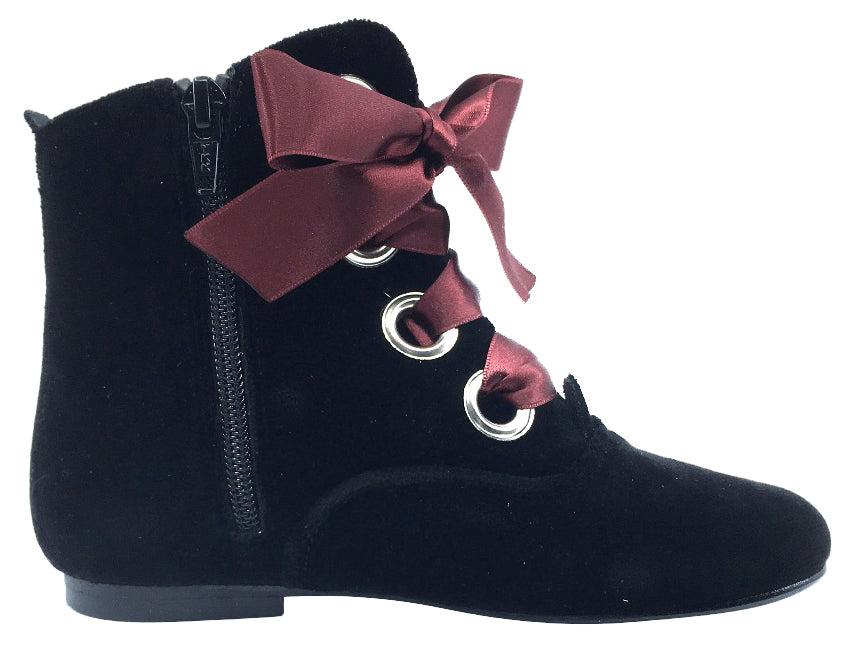 Hoo Shoes Girls' Black Velvet Lace Up Booties with Burgundy Ribbon - Stylish & Comfortable Dress Shoes for School, Parties & Special Occasions