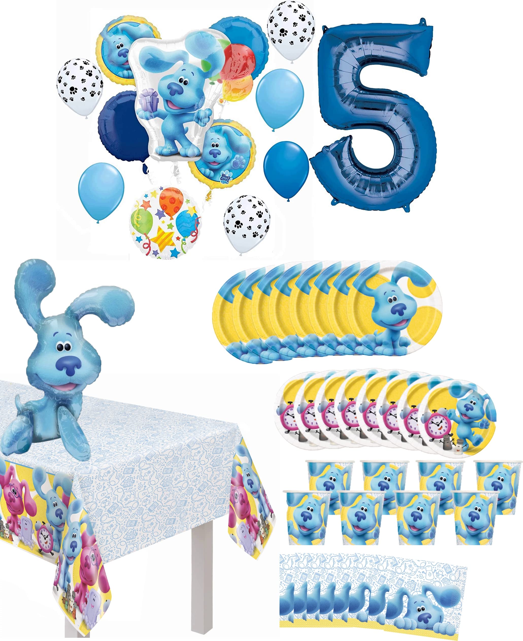 Blues Clues 5th Birthday Party Supplies - 8 Guest Table Dining Set & Balloon Bouquet Decorations Kit - Perfect for Kids Birthday Celebrations, Themed Parties and Family Gatherings