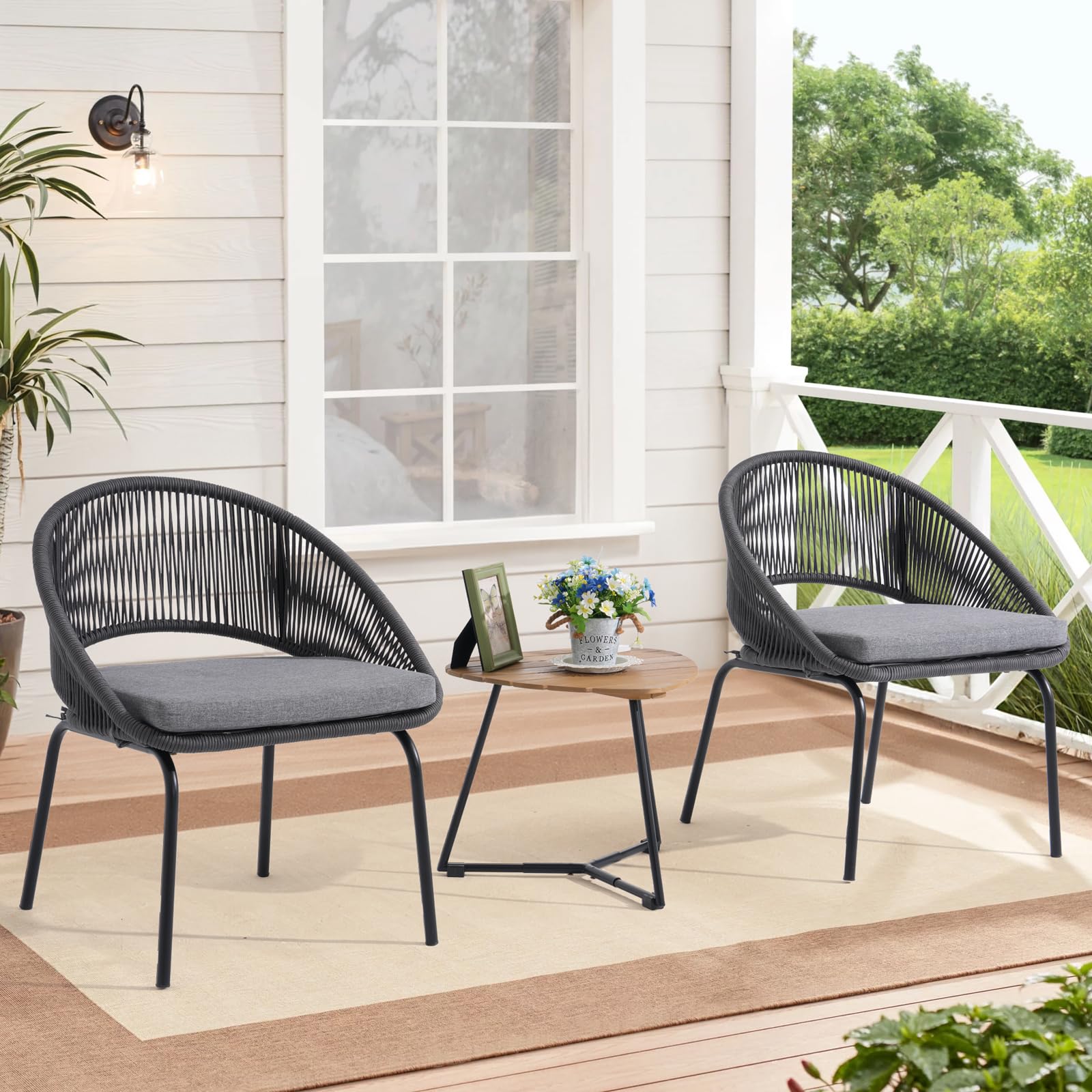 Yangming 3-Piece Outdoor Patio Furniture Set - Woven Rope Bistro Chairs with Wood Coffee Table for Garden, Backyard, Deck, Poolside & Balcony - Perfect for Relaxing, Entertaining & Outdoor Dining