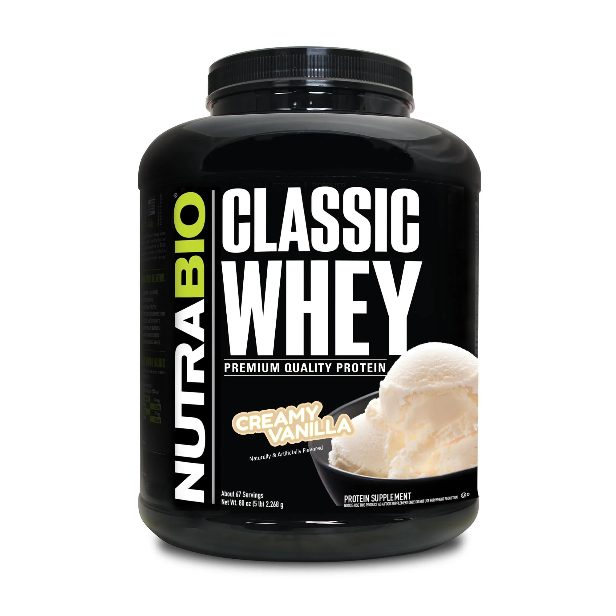 NutraBio Classic Whey Protein Powder - 25G Protein Per Scoop, Full-Spectrum Amino Acids, No Fillers or Artificial Additives - Low Glycemic Index - Creamy Vanilla Flavor, 5lb for Muscle Recovery & Post-Workout Nutrition