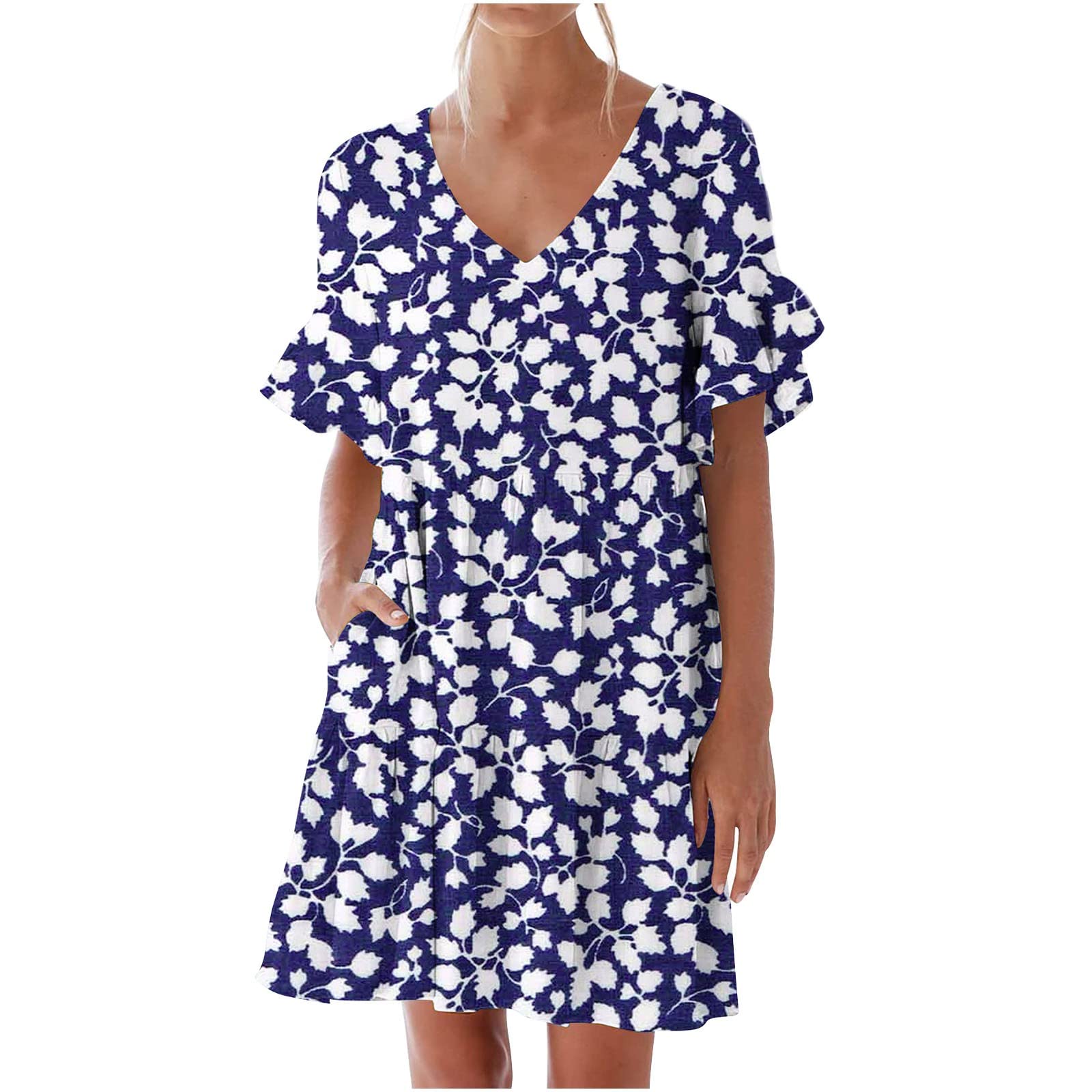 Usahuo Women's Summer V-Neck Mini Dress - Sweet & Cute Short Sleeve Ruffle Dress with Pockets for Beach, Vacation, and Casual Outings