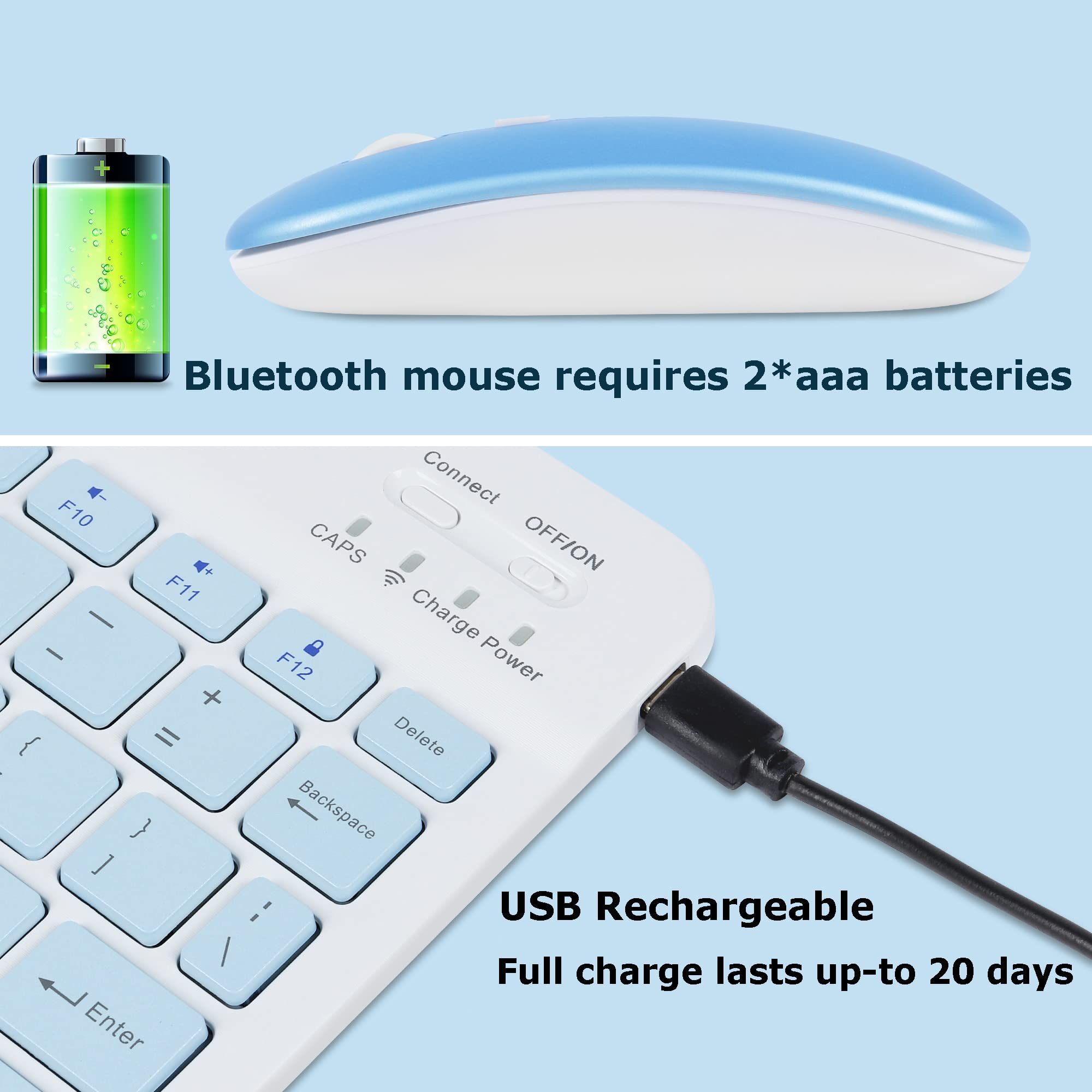 Bluetooth Wireless Keyboard and Mouse Combo - Ultra-Slim Ergonomic Rechargeable Set for iPad, iPhone, Samsung Tablet, Android, PC, Mac (Blue) | Perfect for Office Work, Home Use & Travel