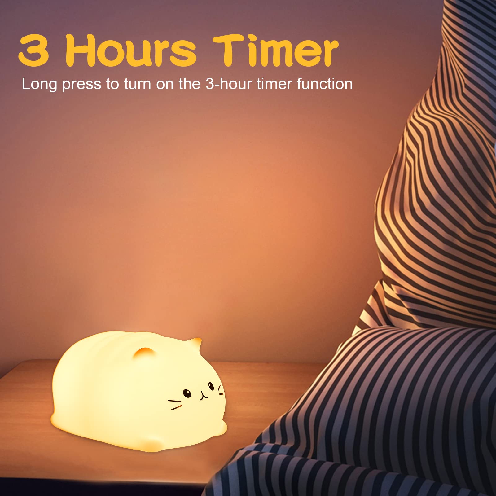 LOVERUIS Cute Cat Night Light for Kids - Soft Silicone Nursery Lamp with Timer, Perfect for Bedroom Decor & Baby Gifts - Ideal for Toddlers, Boys, Girls & Teenagers (Kitty Design) - Great for Nighttime Feeding, Soothing & Safe Sleep Aid