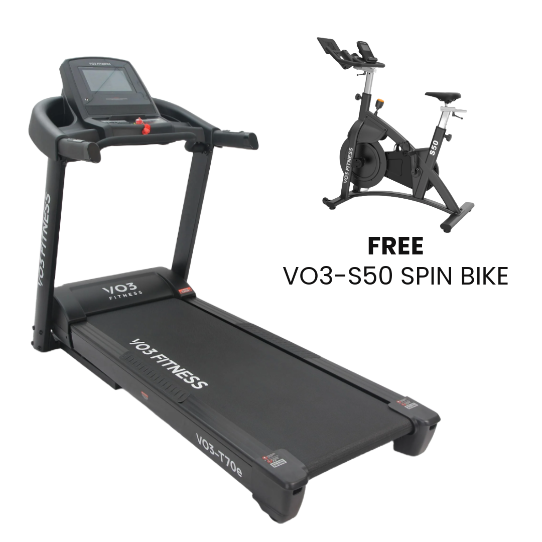 VO3 Fitness T70e Folding Treadmill with Free Spin Bike - Compact Home Gym Equipment for Cardio Workouts & Small Space Fitness