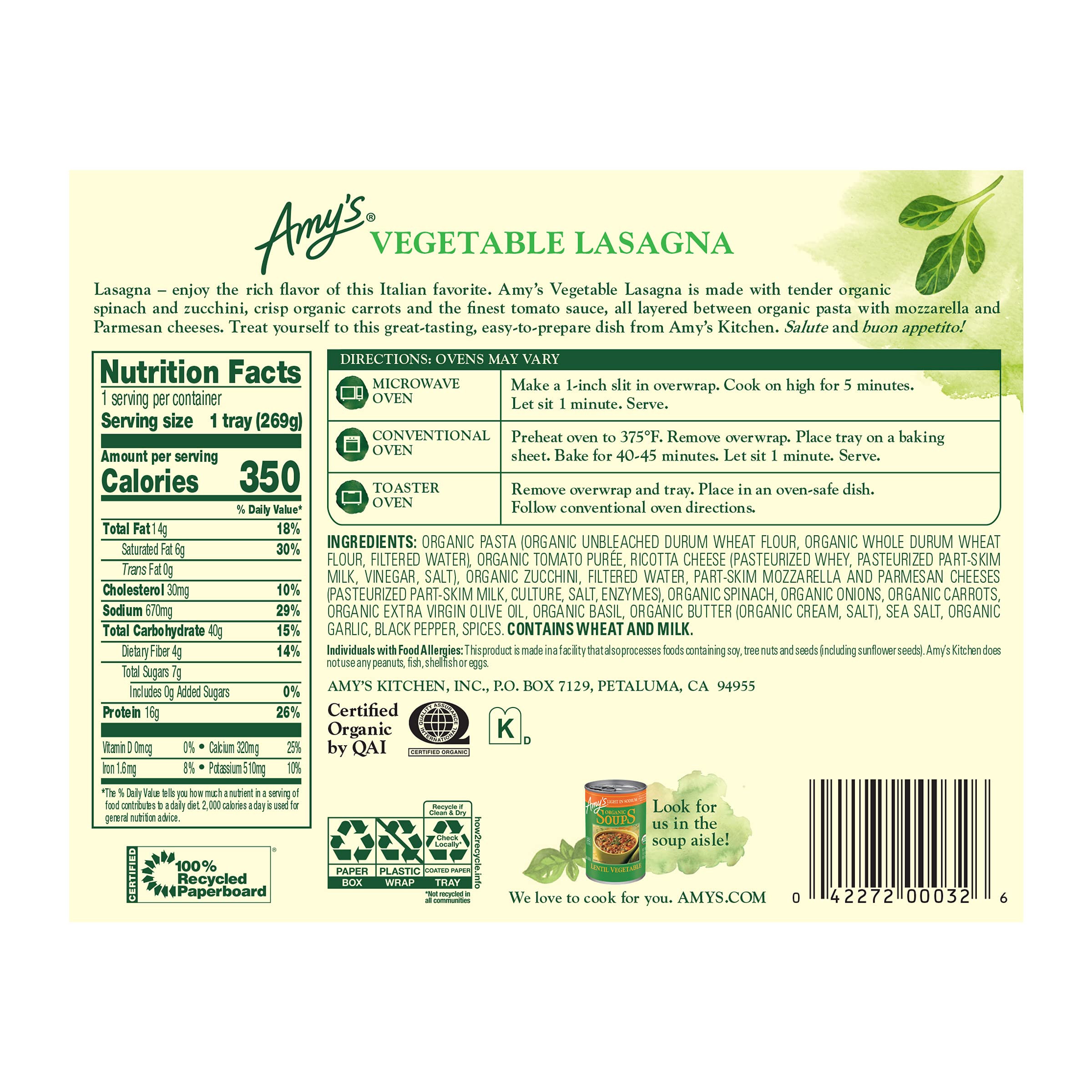 Organic Vegetable Lasagna Frozen Meal - Amy's 9.5 Oz Microwaveable Pasta with Vegetables | Quick Family Dinner & Healthy Lunch Option