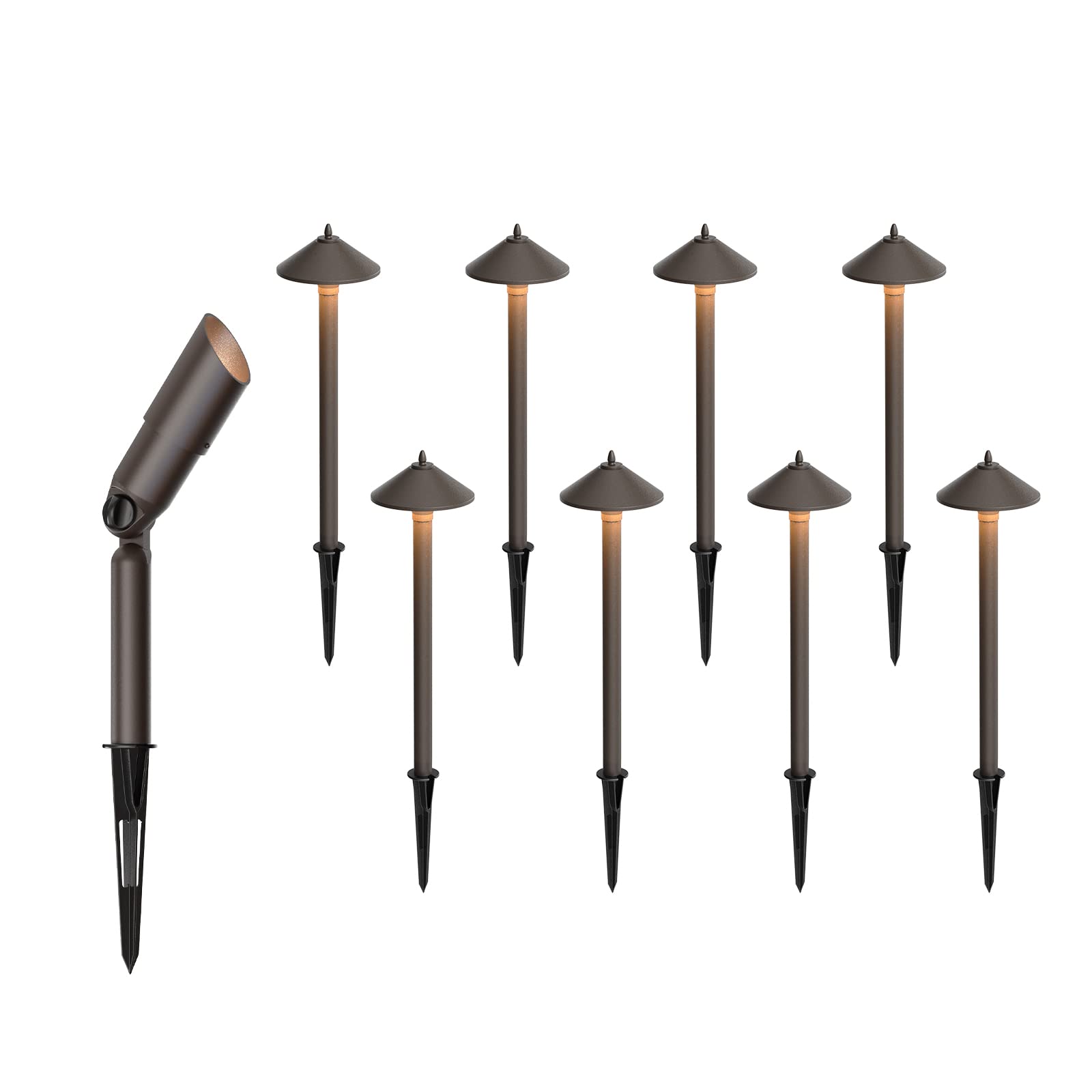 GOODSMANN 8 Pack Low Voltage Landscape Path Lights - 10W Halogen Bulbs (25 Lumens) + 1 Spotlight (20W, 176 Lumens) with Metal Stakes & Connector - Outdoor Garden, Yard, Walkway Lighting for Pathways, Driveways & Landscaping