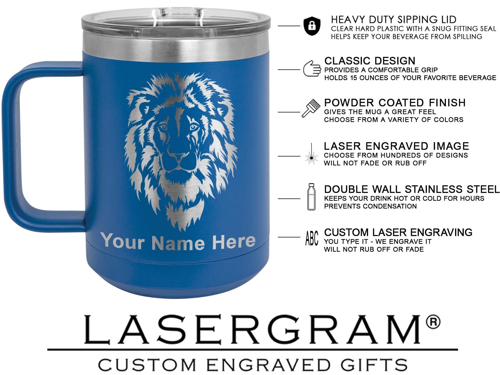 LaserGram 15oz Vacuum Insulated Stainless Steel Coffee Mug with Soccer Ball Design - Personalized Engraving Included (Dark Blue) - Perfect for Hot & Cold Drinks, Office, Travel & Sports Fans Gift
