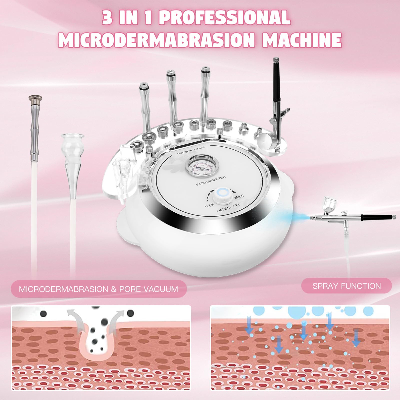 Professional 3-in-1 Microdermabrasion Machine with 65-68cmhg Vacuum Suction - Diamond Facial Cleaner for Home & Salon Use | Beauty Star Skin Care Equipment with Vacuum & Spray Gun | Perfect for Acne Treatment, Blackhead Removal & Anti-Aging Skincare Routine