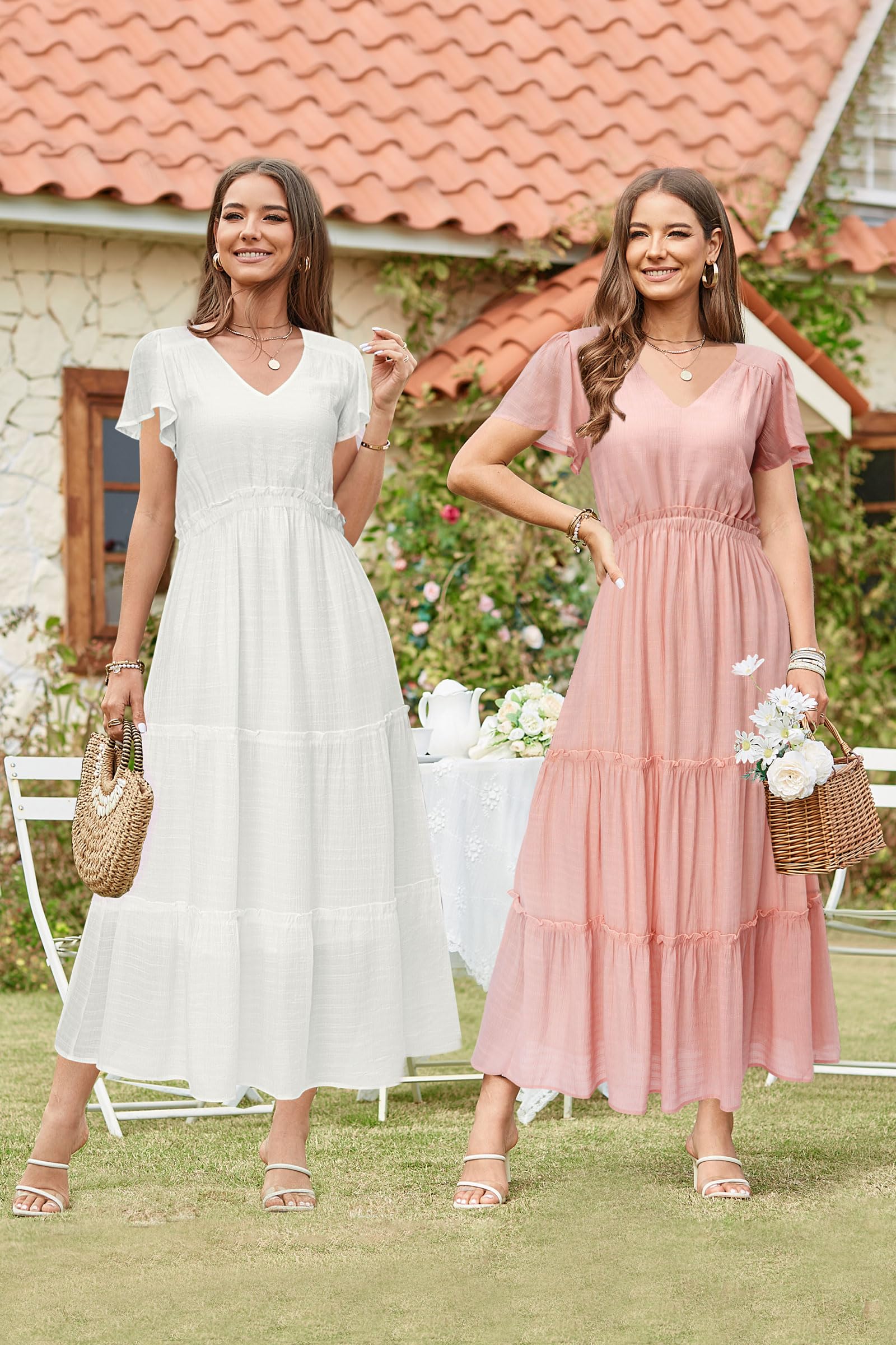 VOTEPRETTY Women's 2025 Summer Boho Maxi Dress - Flutter Short Sleeve V-Neck Casual Long Dress for Beach, Wedding Guest & Vacation | Perfect for Outdoor Parties, Tropical Getaways and Summer Events