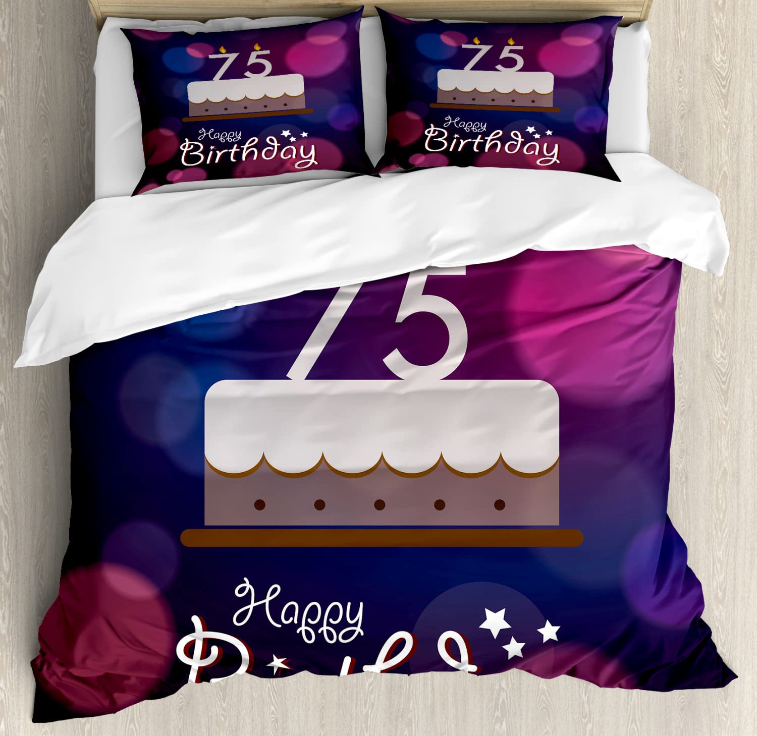 Ambesonne 75th Birthday Duvet Cover Set - Abstract Cake & Candles Design, 2-Pack California King Size Bedding with 4 Pillowcases, Purple Magenta White - Perfect for Birthday Party Decorations, Guest Room Makeovers & Special Occasion Gifts