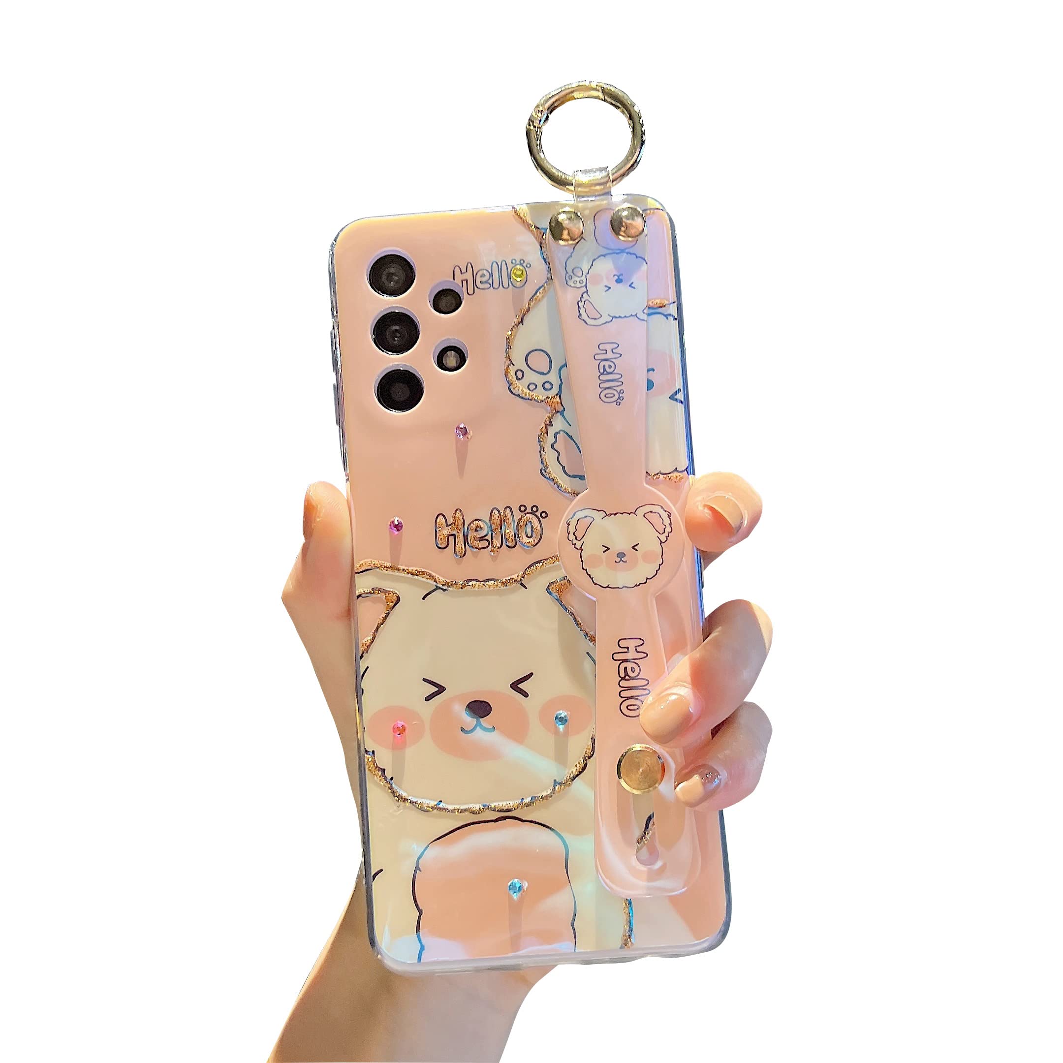 Cute Pink Bear Cartoon IMD Soft TPU Shockproof Case for Samsung Galaxy A32 5G with Wrist Strap & Kickstand - Protective Phone Cover for Girls & Women | Perfect for Daily Use, Work, School & Travel