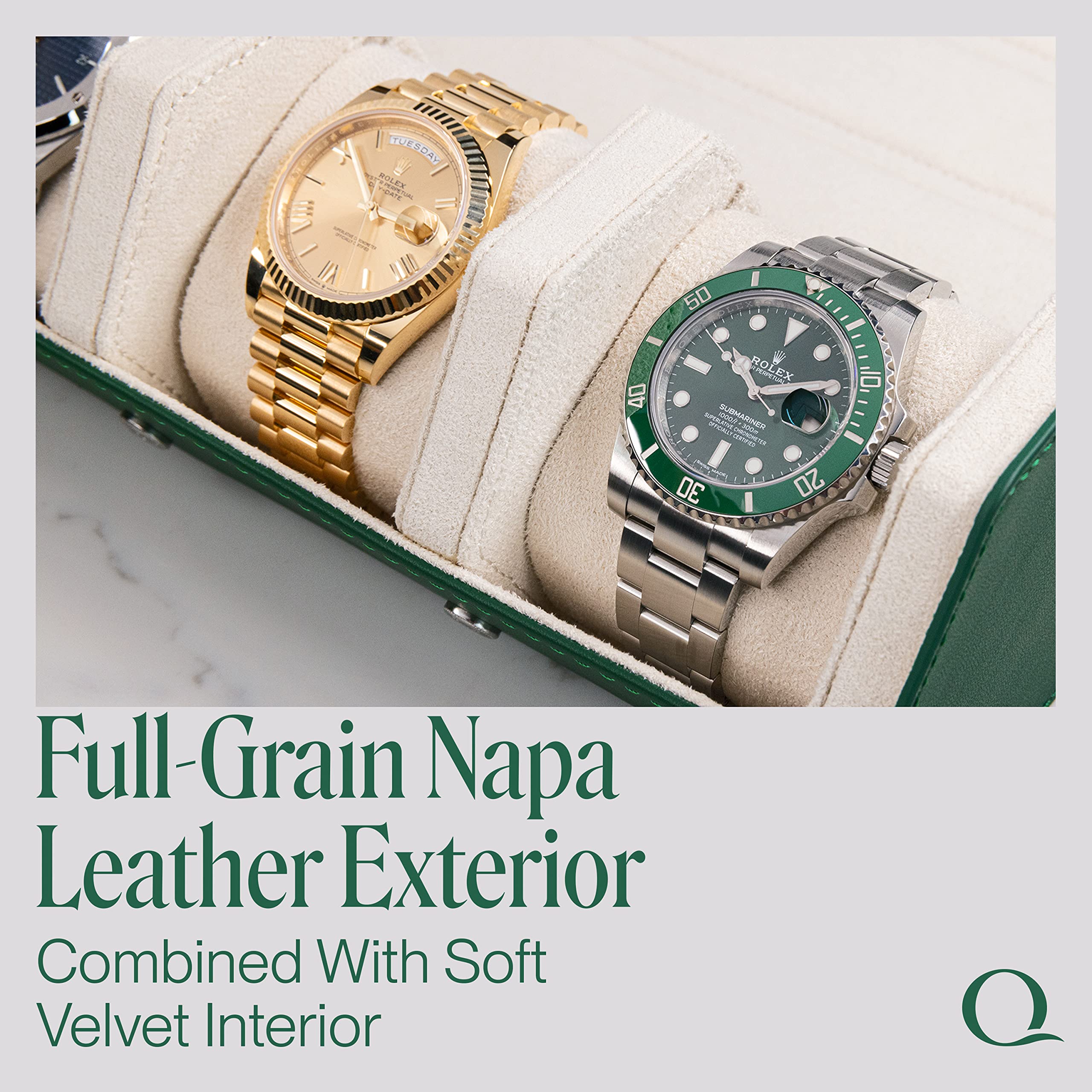 Premium Napa Leather Watch Roll for Men - Hexagon Triple Watch Travel Case Holds 3 Watches - Genuine Leather Storage Organizer with Velvet Lined Interior (Green/Cream) - Perfect for Travel, Business Trips & Watch Collection Display