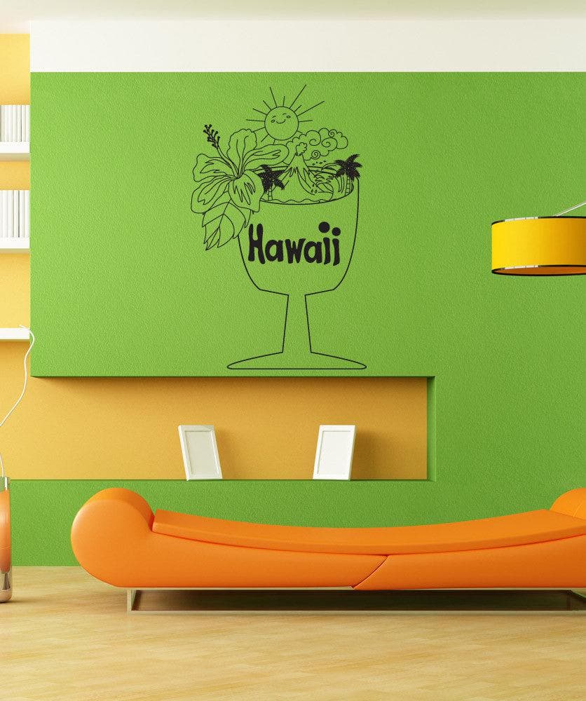 Hawaiian Cup Vinyl Wall Decal Sticker - Tropical Beach Themed Removable Home Decor for Living Room, Bedroom, Kitchen