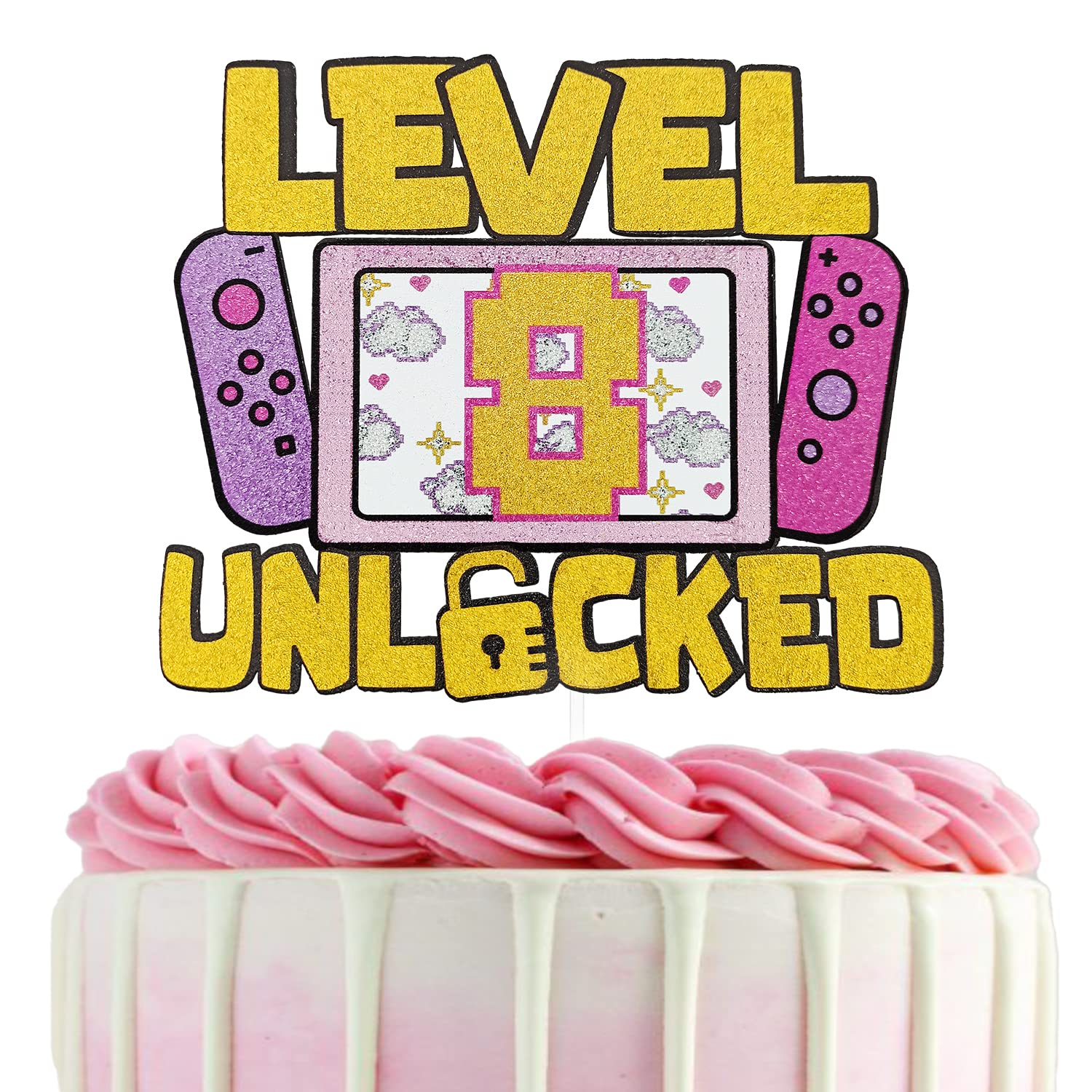 Girls Level 8 Unlocked Cake Topper - Glitter Gaming Birthday Decor for 8th Birthday Party | Video Game Theme Party Supplies | Perfect for Girl Gamer Celebration, Cake Decorations & Gaming Party Favors