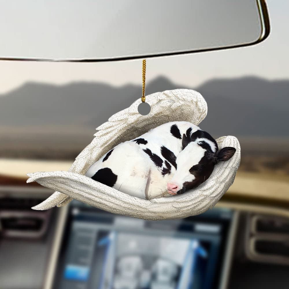 Cute 2D Dairy Cow Sleeping with Angel Wings Car Hanging Ornament - Two-Sided Window Decor for Farmers & Animal Lovers - Perfect Car Accessory Gift for Dairy Enthusiasts (Great for Birthday, Christmas & Car Decoration)