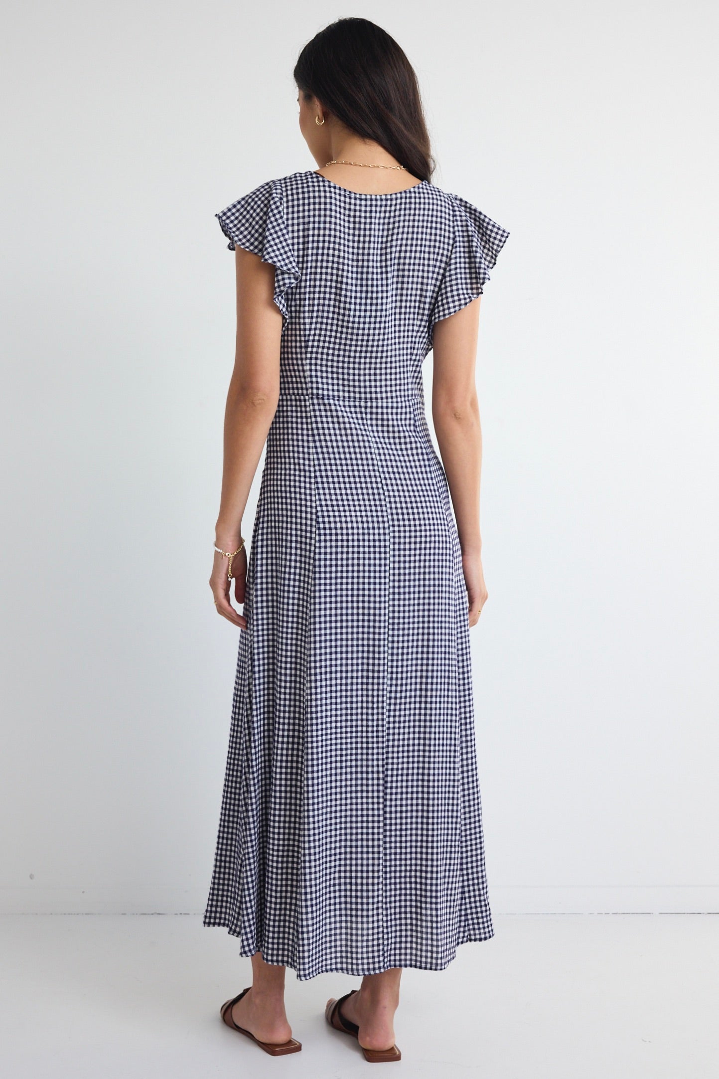 Flawless Navy Gingham Fluted Sleeve Button Front Midi Dress for Women - Elegant Summer Office Wear & Garden Party Outfit