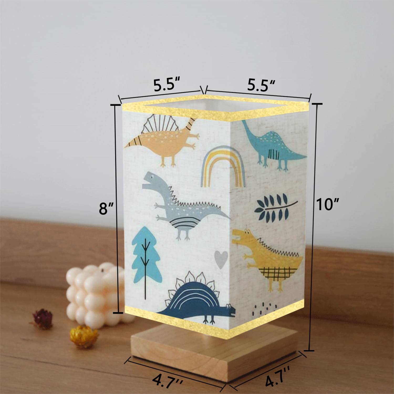 Dimmable Square Bedside Table Lamp with Wooden Dinosaur Base & Flaxen Fabric Shade - Scandinavian Design Nightstand Lamp for Bedroom, Living Room, Office | Perfect Reading Light & Cozy Atmosphere Creator