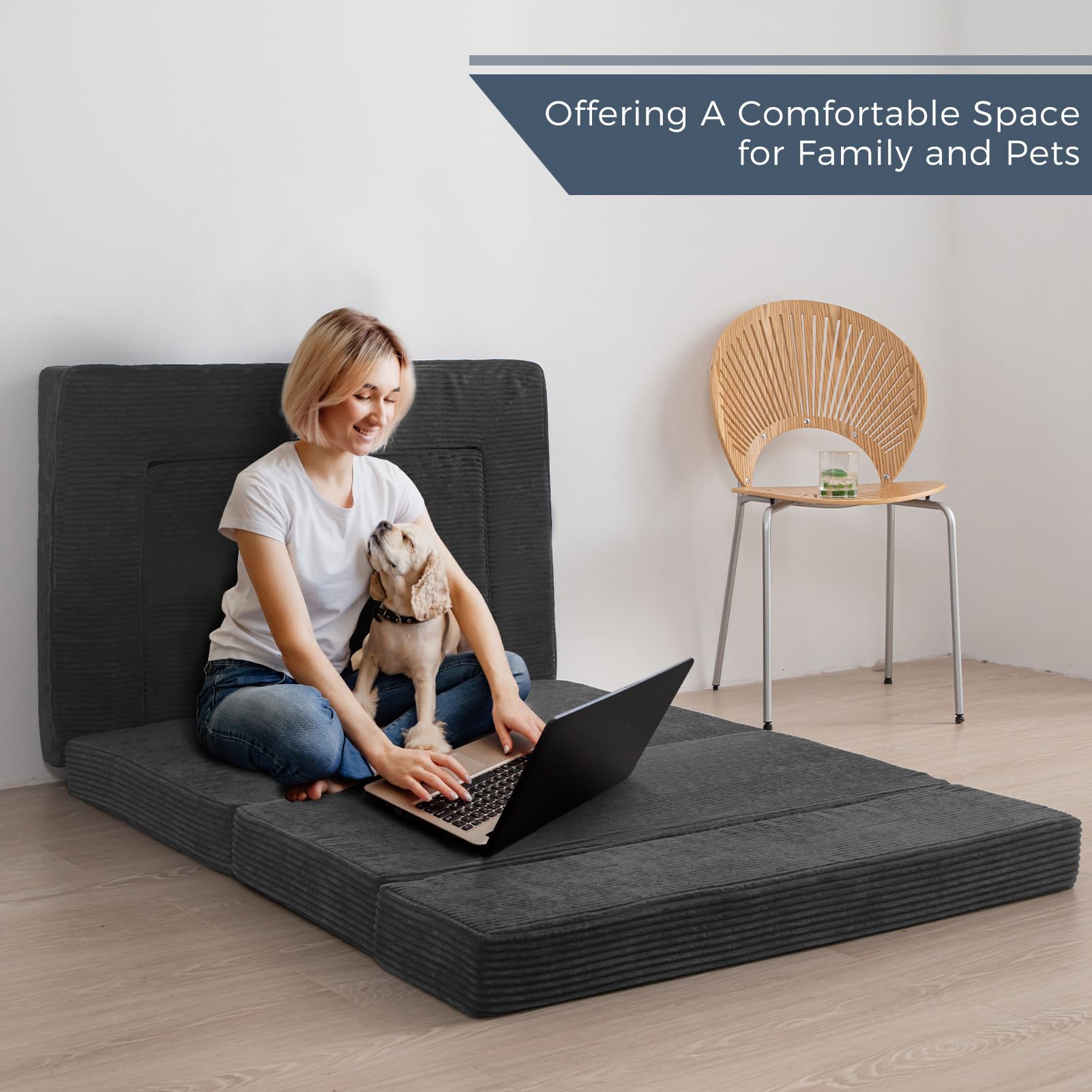 MAXYOYO Multifunctional Folding Sofa Bed - Convertible Sleeper Sofa, Guest Bed & Floor Couch with Mattress - Space Saving Dark Grey Futon for Small Apartments, Living Rooms & Guest Rooms