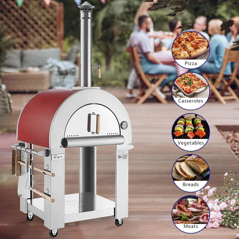 Empava 25 Inch Stainless Steel Outdoor Wood Fired Pizza Oven with Red Accents (PG06) - Perfect for Backyard Cooking, Camping & Italian Pizza Parties