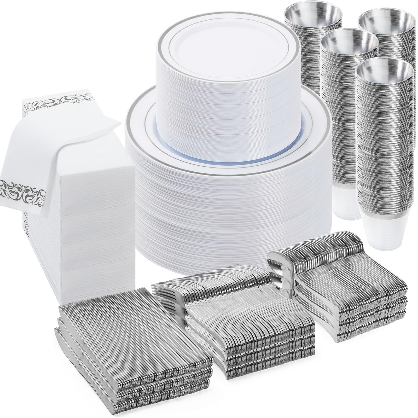 700-Piece Silver Plastic Dinnerware Set for 100 Guests - Includes 100 Dinner Plates, Dessert Plates, Silverware Sets, Cups & Napkins - Perfect for Weddings, Parties, Banquets & Large Gatherings