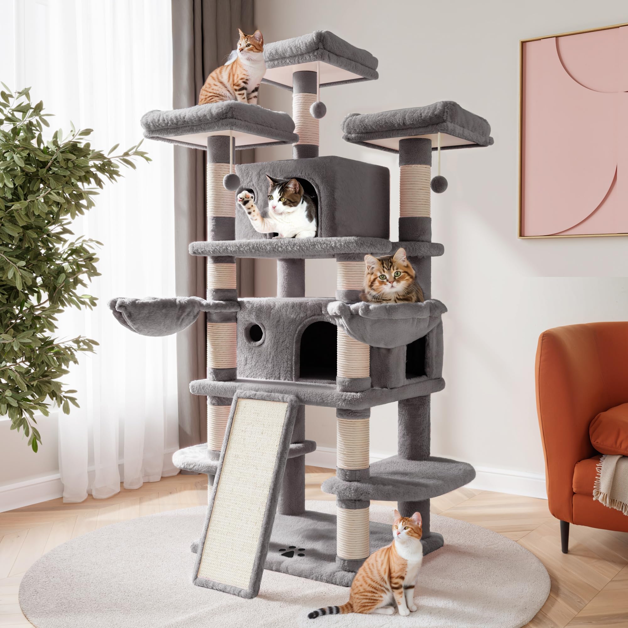 SHA CERLIN 68 Inches Multi-Level Large Cat Tree for Big Cats - Sturdy Cat Tower with Condo, Plush Perches, Sisal Scratching Posts & Hammocks - Grey - Perfect for Indoor Play, Climbing & Scratching Needs