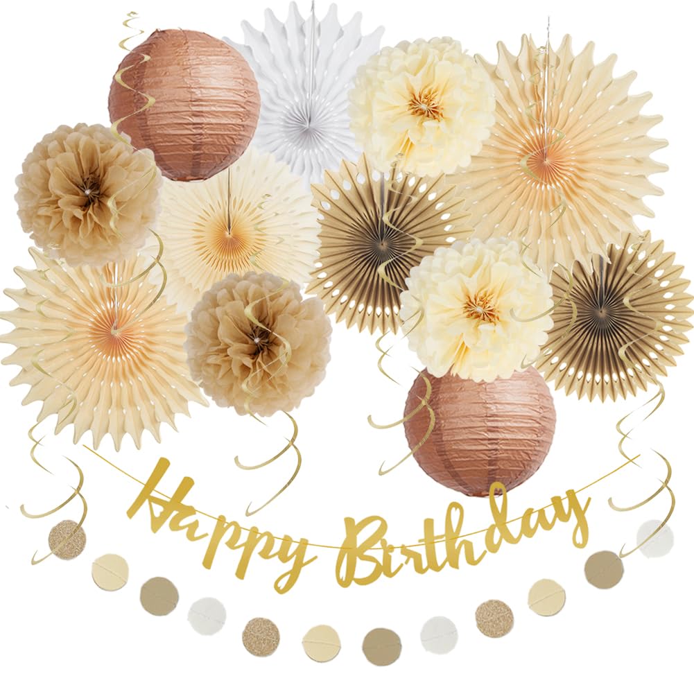 Boho Neutral Birthday Decorations - Brown Tissue Paper Fans, Cream Tan Lanterns with Happy Birthday Banner & Circle Garland - Rustic Party Decor for Women & Girls - Perfect for Birthday Parties, Baby Showers & Boho-Themed Events