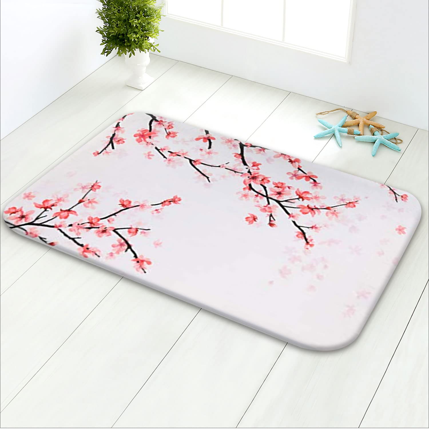 LIVILAN Pink Flower Bath Mat - 24''x16'' Non-Slip Floral Bathroom Rug for Women, Girls, Kids - Soft Cherry Blossom Bath Mats for Bathroom, Shower, Vanity - Machine Washable & Quick Dry