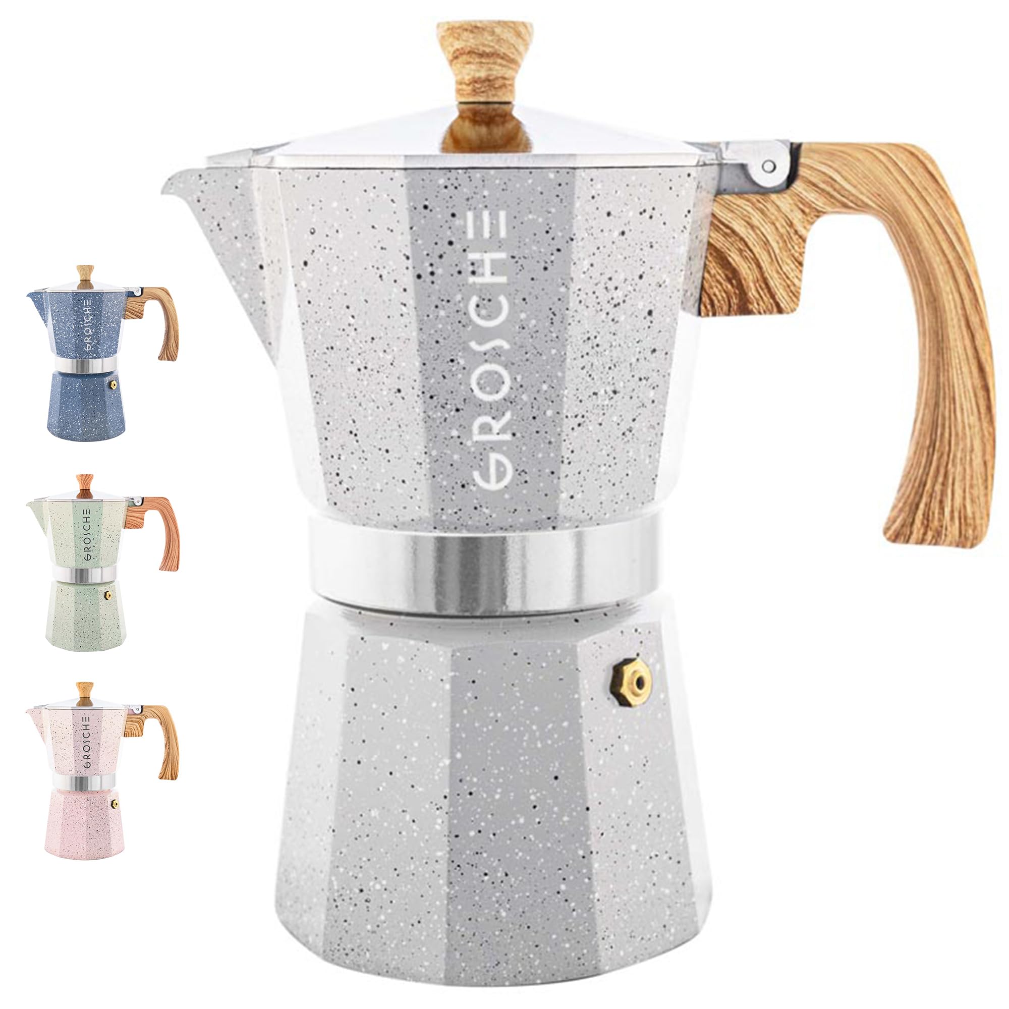 GROSCHE Milano Moka Pot - 6 Cup Stovetop Espresso Maker, Italian Coffee Percolator for Home & Office - Perfect for Camping, Travel & Gifts (Grey)