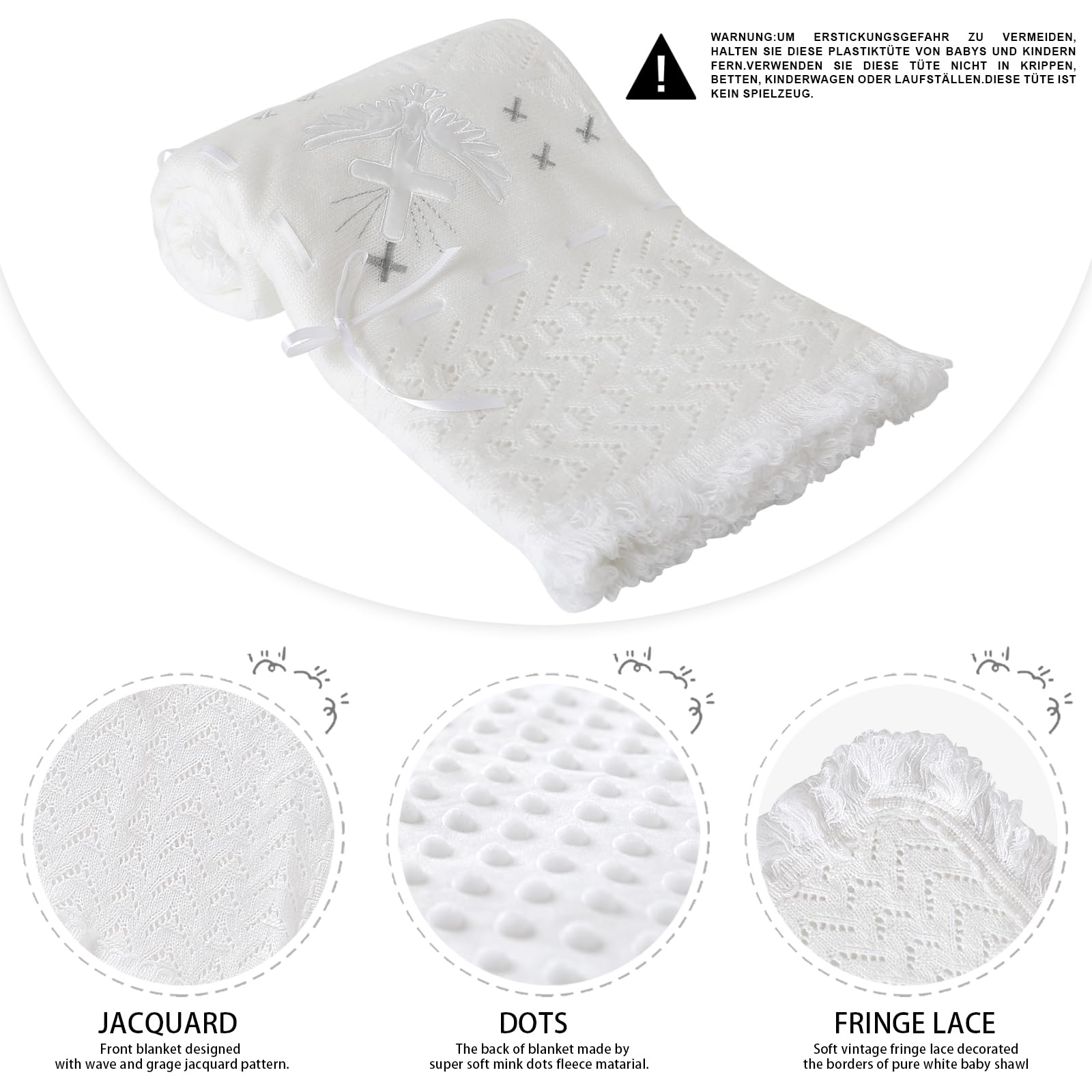 Booulfi Baby Christening Blanket - Soft White Knitted Baptism Shawl for Newborn Boys & Girls - Perfect for Christening Ceremonies, Baby Dedications & Photo Shoots